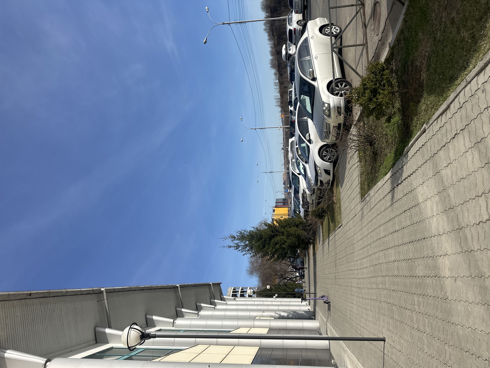 The image depicts a street scene in Irkutsk, Russia. A row of white cars is parked parallel to a building with a modern architectural style, featuring alternating white and beige panels and a series of cylindrical columns. A paved sidewalk runs alongside the cars, separated by a narrow strip of grass with small trees. Streetlights are visible along the street. The sky is clear and blue. The scene suggests a business or commercial area on a sunny day. There is an unoccupied parked purple scooter near the building.