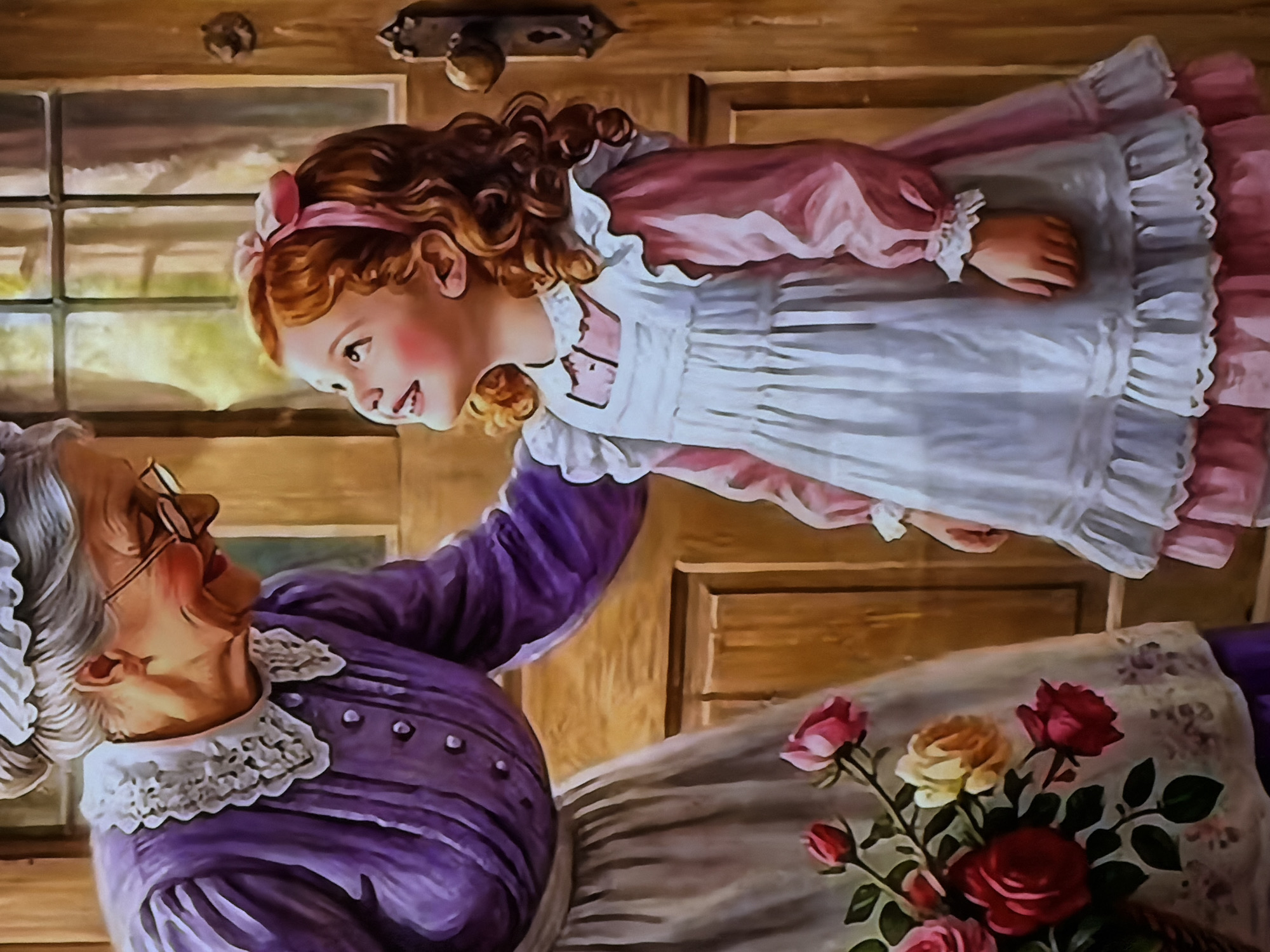 This media file, originating from Sofiivska Borshchahivka, Ukraine, is a vibrant painting or illustration depicting a joyful interaction between an older woman and a young girl in a cozy, rustic indoor setting.
The main subjects are two figures. An older woman, with white hair pulled into a bun and wearing glasses, is dressed in a long-sleeved purple dress with a white lace collar. She is seated, looking upwards with a broad, affectionate smile. Resting on her lap or skirt is a woven basket overflowing with various roses in shades of red, pink, and yellow.
Above her, a young girl with reddish-brown curly hair and a pink ribbon in her hair beams with a wide smile. She is dressed in a pink frock with a ruffled white pinafore or apron. The girl appears to be leaning in towards the older woman, or being gently held, creating a sense of close connection.
The background shows elements of a traditional home interior. A wooden door with a dark handle is visible, along with a multi-paned window to the left, through which soft light is filtering, suggesting a daytime scene. The overall emotion conveyed by both subjects is one of happiness, warmth, and deep affection. There is no visible text in the image.