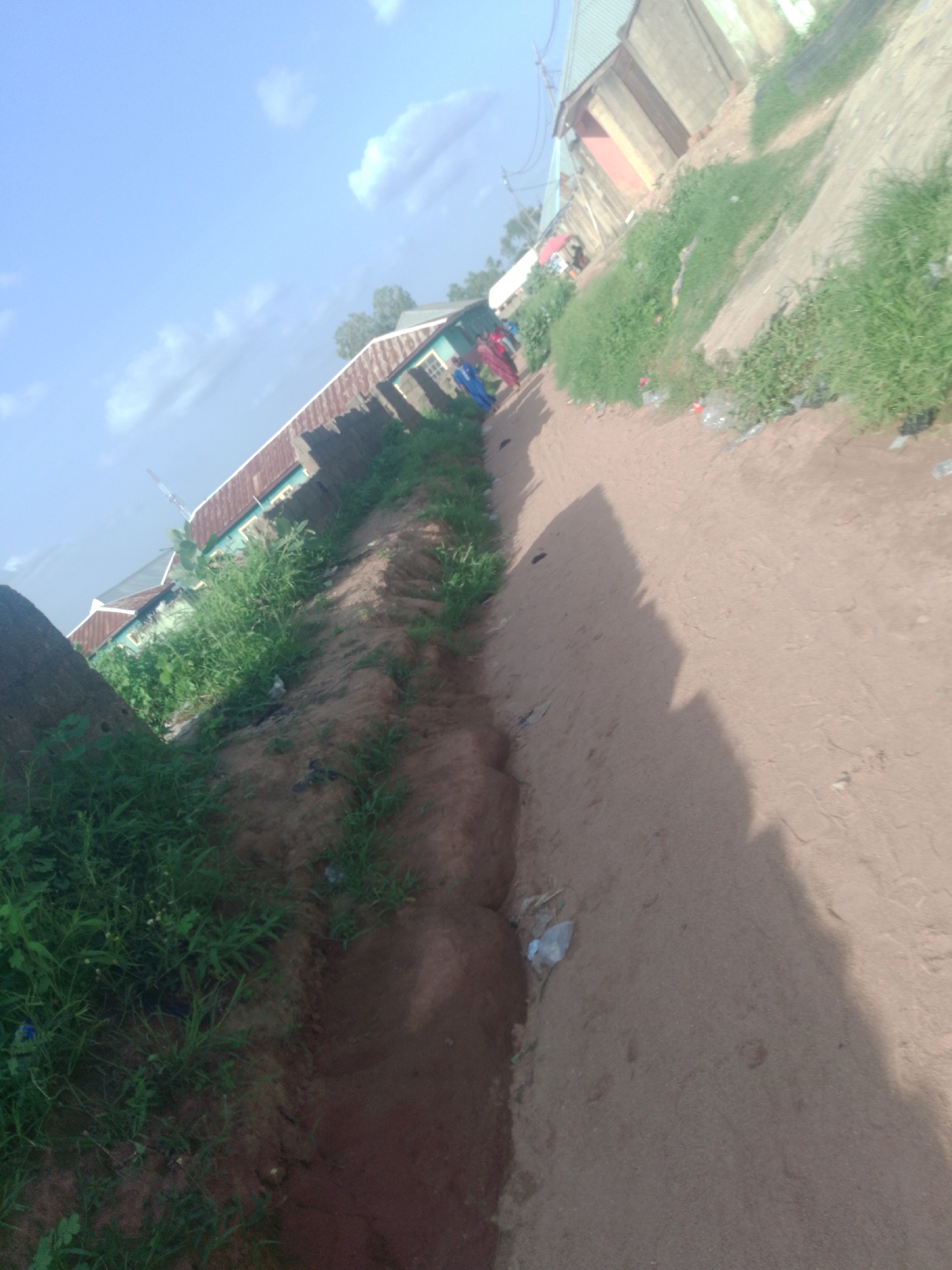 The image depicts a dusty, unpaved road in Jauro Yinu, Nigeria, with a trench running alongside it. The road is lined with dry grass and some scattered debris, including plastic bottles. On the left side of the road, there are several structures that appear to be houses with corrugated metal roofs. In the background, a few people are visible, some wearing colorful clothing, walking along the road. The sky is a clear blue with scattered white clouds. The overall scene suggests a rural or semi-urban environment in Nigeria.