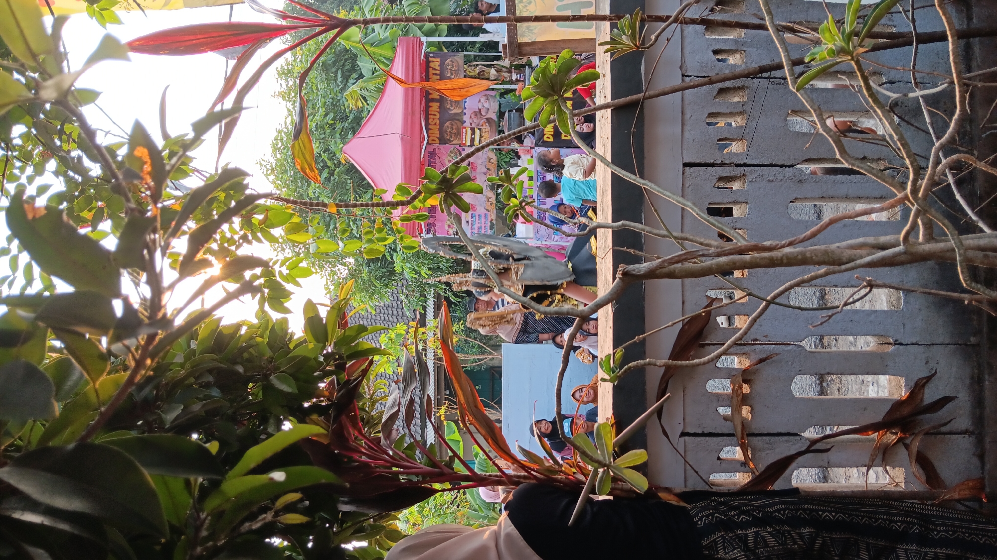 This is a vertical, medium-shot, outdoor photograph taken in Cerme, Indonesia, of a street scene. In the foreground, a person wearing a hijab and a black top is partially visible on the left. Several dry branches and green leaves obscure parts of the view. In the mid-ground, a group of people, including children, are gathered behind a grey, perforated concrete wall. Some of the people are looking towards the right side of the frame. A pink tent with some text, possibly advertising food, is visible behind the wall, along with a stand selling dim sum. The background consists of trees and rooftops, suggesting a residential area. The lighting indicates it is either early morning or late afternoon, with sunlight filtering through the leaves.