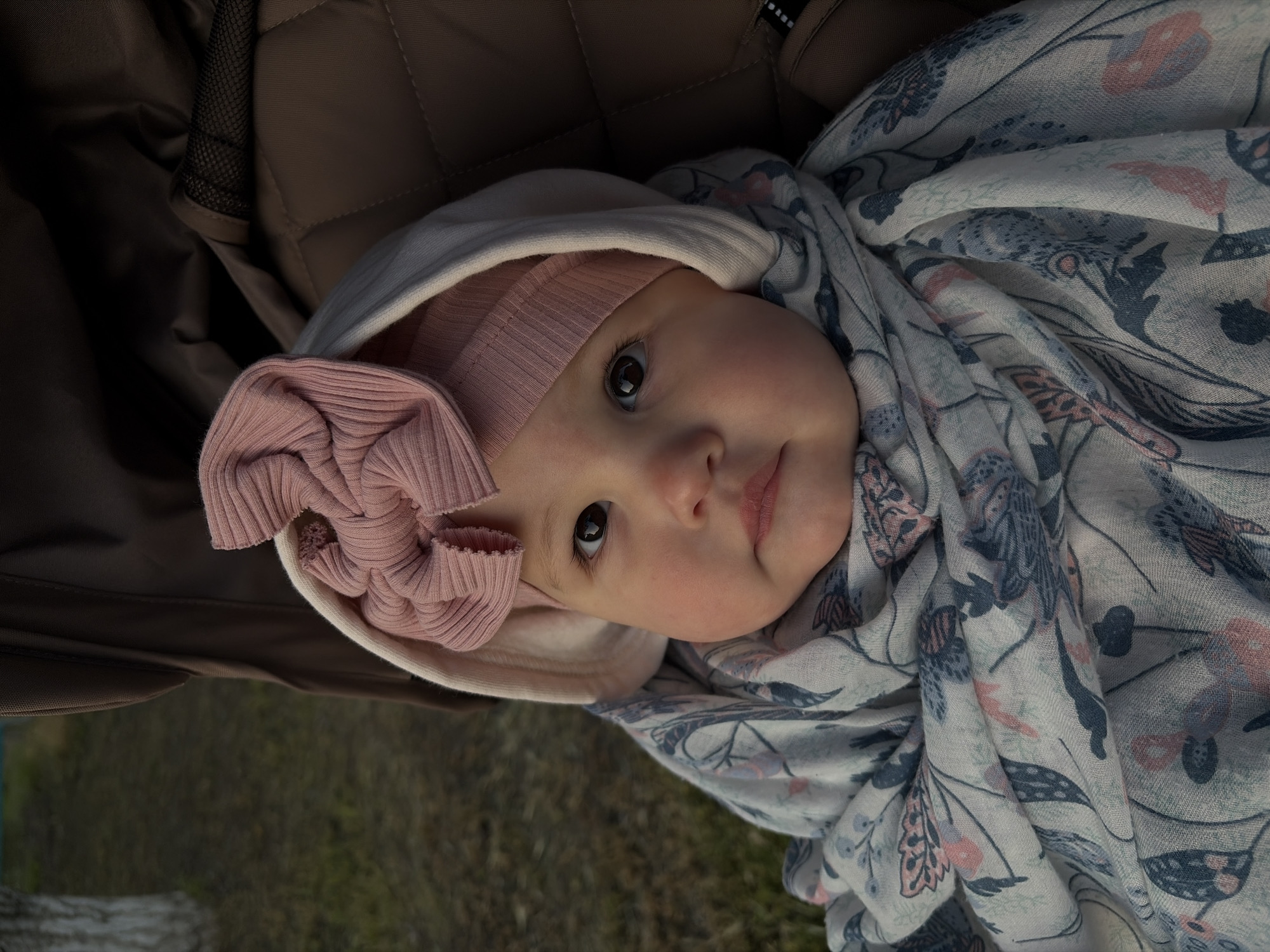 A baby wearing a pink ribbed beanie and a white hooded jacket with a pink bow is wrapped in a patterned blanket. The baby is lying in a brown stroller or carrier. The background appears to be a blurry patch of grass. The location, Novopokrovskaya, Russia, cannot be determined from the image.