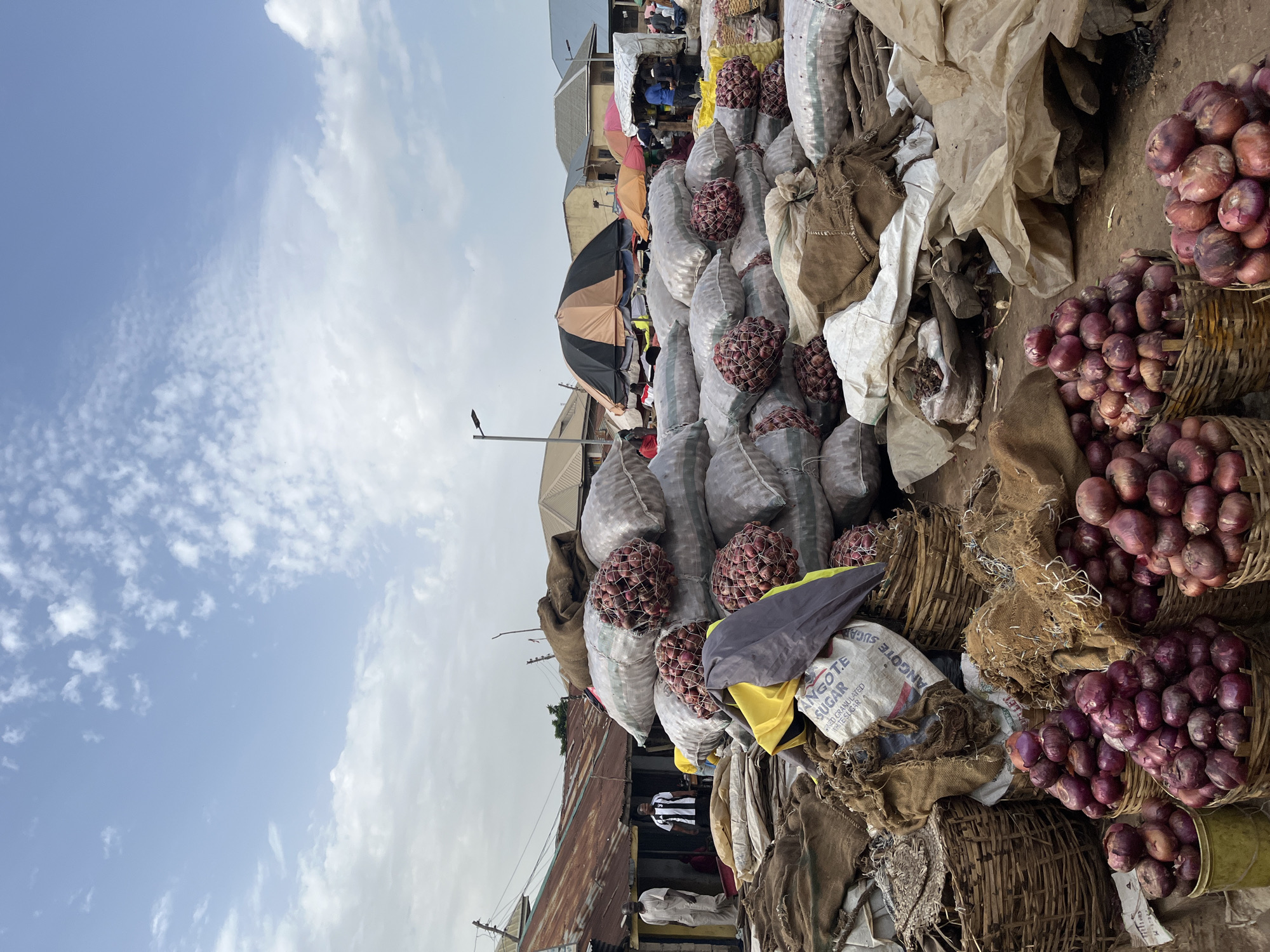 The image depicts an outdoor market scene in Rafin Par, Nigeria. A large quantity of red onions is prominently displayed, piled high in woven baskets in the foreground and also visible in sacks in the background. The sacks are of various sizes and materials, some appear to be burlap, while others are made of a translucent material. Red onions are also visible loosely tied in nets, stacked atop larger sacks.
The environment suggests a bustling marketplace with stalls and awnings visible in the background. A corrugated metal roofed structure is present on the left, with several people standing near it. Some individuals are dressed in traditional attire, while others wear more casual clothing. In the mid-ground, market tents and umbrellas provide shade. The ground appears to be dirt or sand. The sky is partly cloudy.
The overall impression is one of a vibrant agricultural market where goods are being prepared for sale or distribution. The sheer volume of onions indicates a significant harvest or supply.