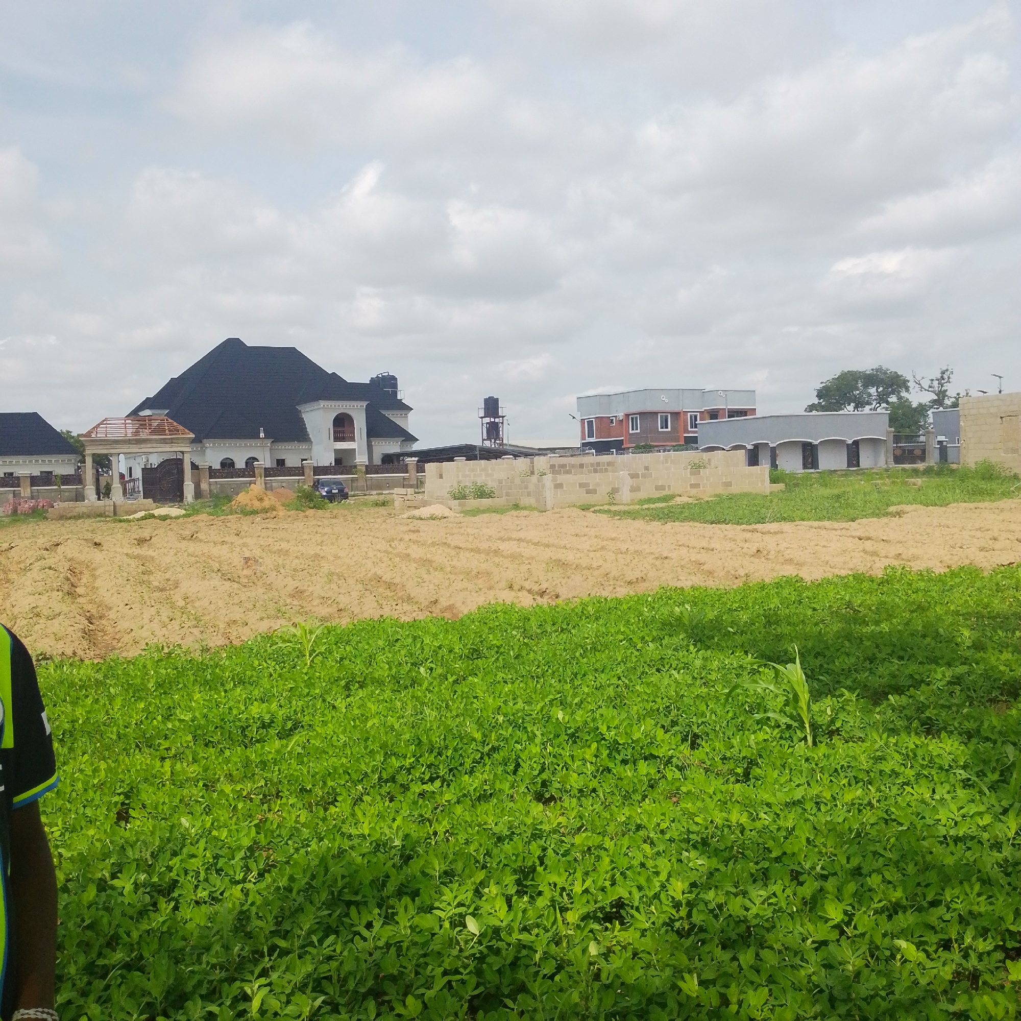 In Jauro Yinu, Nigeria, an outdoor scene unfolds under a cloudy sky, featuring a residential area under construction. In the foreground, a dense field of vibrant green vegetation, possibly crops, dominates the lower portion of the frame. Behind this lush greenery, a barren expanse of sandy soil lies, suggesting ongoing development or cleared land.
Further back, a series of modern buildings are visible. To the left, a large, imposing house with a dark, multi-pitched roof and white-washed walls stands prominently. Adjacent to it, a smaller, similarly styled house with a dark roof is present. A decorative gate with ornate ironwork and stone pillars marks the entrance to the property.
In the middle ground, a construction site is evident with a low-lying structure built from concrete blocks. A water tank on a metal frame is also visible. To the right, another modern building with a brick facade and a flat roof is situated. The background is characterized by more buildings and mature trees, suggesting a developing urban or suburban environment. A dark-colored car is parked near the first large house. The overall impression is one of a developing residential area in Jauro Yinu, Nigeria.
