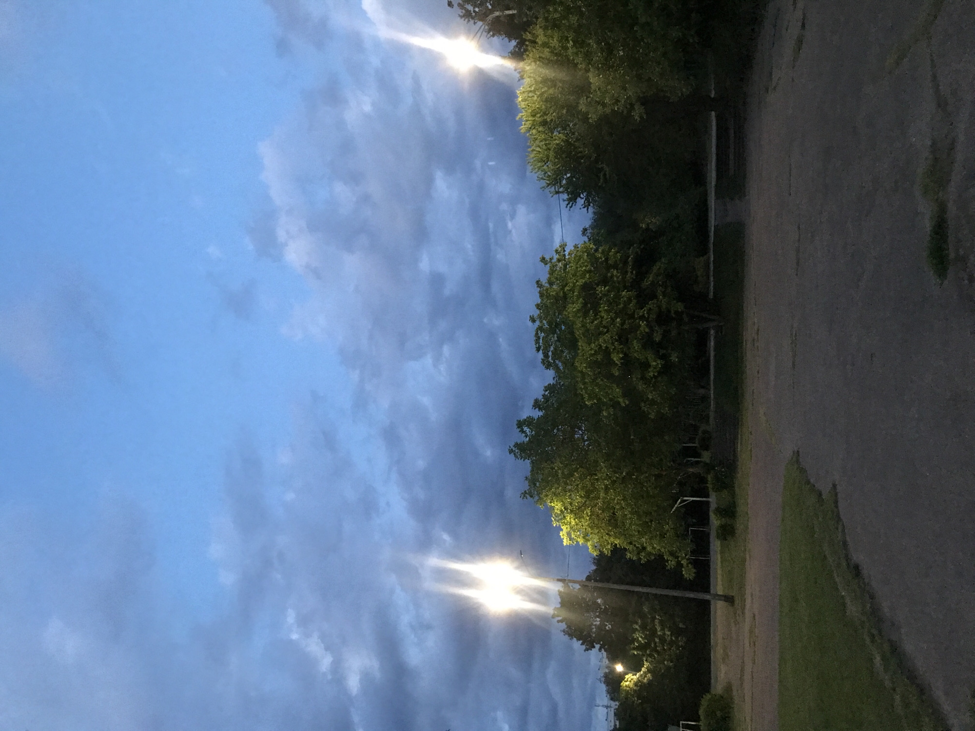 The image depicts a landscape in Ternopil, Ukraine, during twilight. The sky is predominantly blue with streaks of gray clouds. Streetlights are illuminated, their glow dispersed through the trees lining the roadside. The road surface appears dark gray. Trees with green foliage are positioned along the edge of the road. No people are visible.