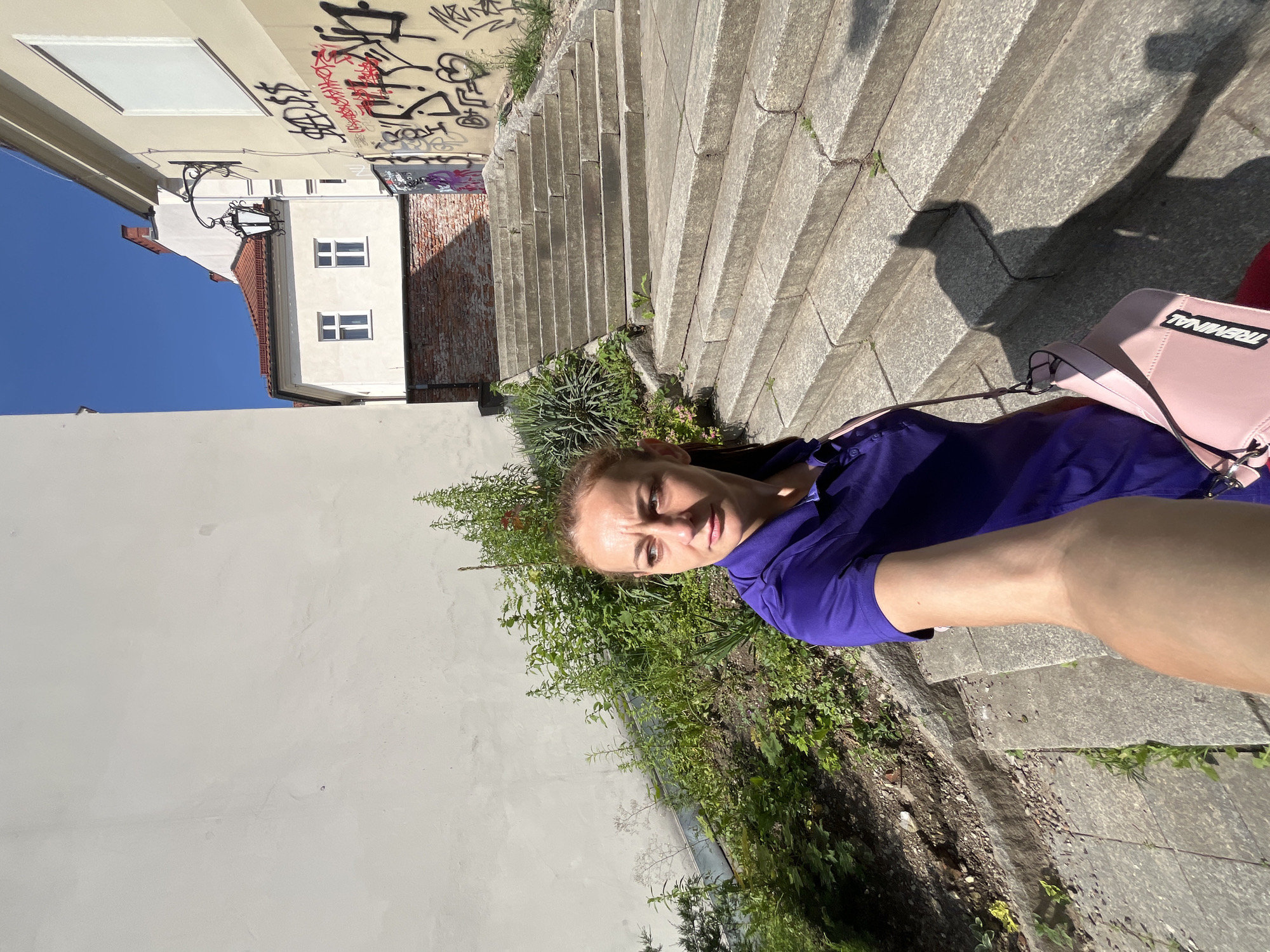 A selfie is taken from a low angle, showing a woman leaning back as she looks at the camera. She is wearing a purple shirt and has light skin and brown hair. Behind her, a stone staircase leads upwards, and to her left, a light-colored wall and building are visible. The building has several windows and is adorned with graffiti. The scene appears to be outdoors on a sunny day, as indicated by the bright light and shadows. A pink handbag with the word "TREMINAL" visible in black lettering is resting on the stairs next to the woman. The woman's expression is neutral, and she appears to be posing for the picture. The setting looks like an urban environment, possibly a residential area or a public space with architectural features. The overall impression is a casual, everyday moment captured in a photograph.