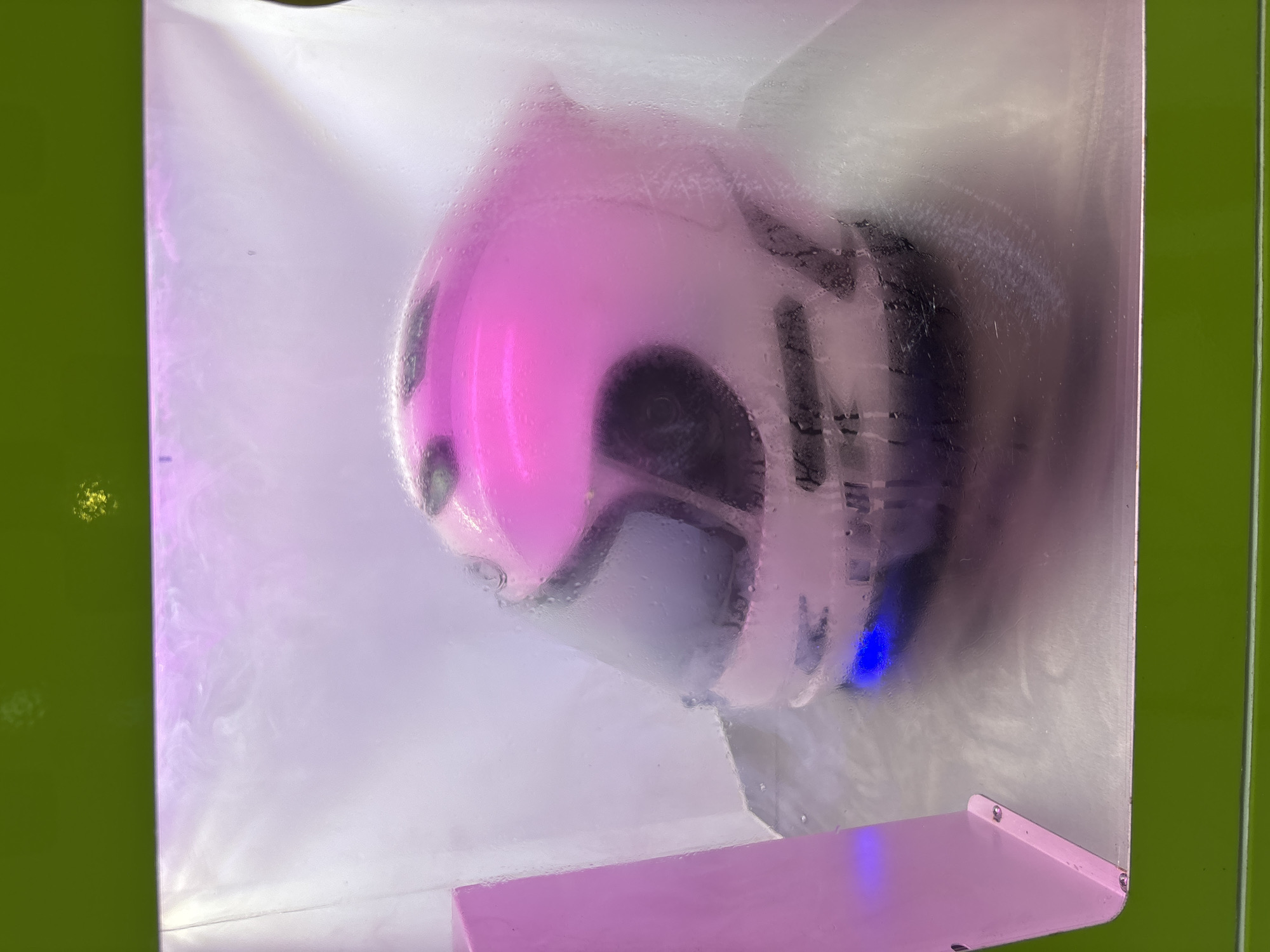 A blurry image shows a pink robotic figure inside a transparent container. The container has a shelf at the bottom that is the same color as the robot. The container is surrounded by a green structure on the left and right. The image is unclear due to condensation inside the container. There is no information about Kuta Selatan, Indonesia.