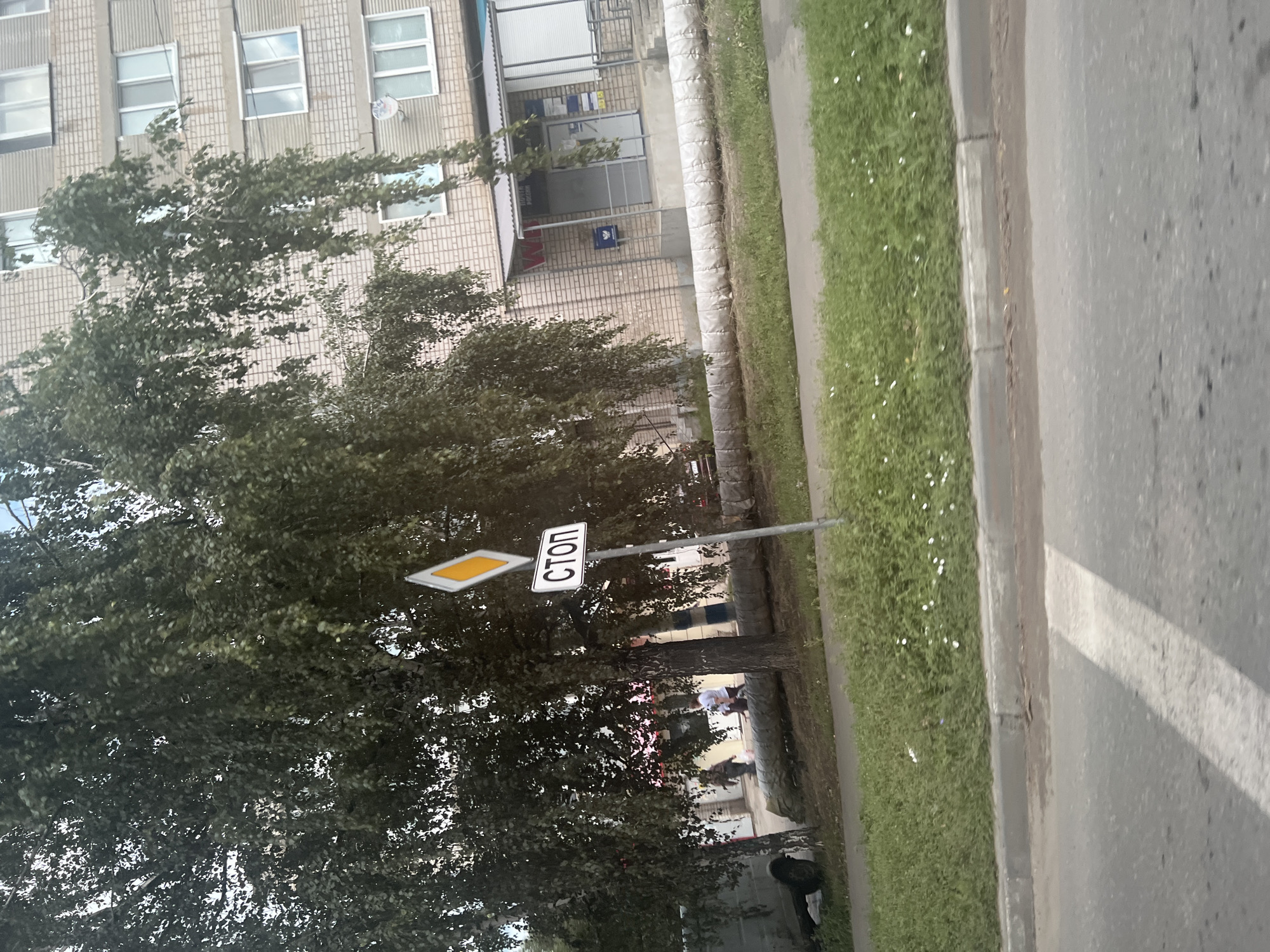 The image depicts a street scene in Ulyanovsk, Russia, with a focus on a traffic sign and a building. A diamond-shaped sign with a yellow center and a white border is mounted on a pole, accompanied by a rectangular white sign below it with the Russian word "СТОП" (STOP) in black letters. These signs are positioned near a large tree with dense green foliage that hangs over the sidewalk.
In the background, a multi-story brick building with numerous windows is visible. The building appears to be residential or commercial, with some signs of activity. To the left of the building, there is an entrance area with a canopy and what looks like a post office, indicated by blue mailboxes and signage in Russian, including "ПОЧТА РОССИИ" (Russian Post).
Several people are present in the scene, though their details are not fully discernible due to distance and image quality. They appear to be walking or standing near the building. A large, cylindrical object wrapped in white material is situated on the ground in front of the building. To the far left, part of a utility vehicle or truck is visible. The ground in the foreground consists of a paved road with a white line marking and a grassy area bordering the sidewalk. The overall environment suggests a typical urban setting in Russia during the daytime.