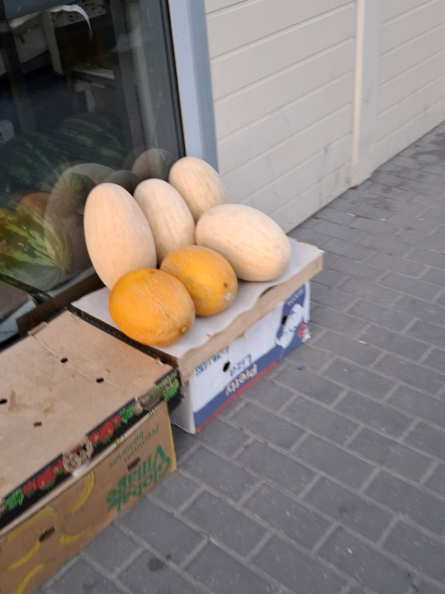 A high-angle, full shot shows a selection of melons displayed on top of cardboard boxes on a paved walkway. Four light-colored oval melons are arranged in a row on a white paper liner atop a blue and white cardboard box. In front of them are two round, orange melons. A large brown cardboard box with an illustration of bananas and red fruit is positioned to the left of the displayed melons. In the background, a reflection in a large window shows what appears to be a watermelon. The wall behind the display is made of horizontal white planks. The ground is paved with grey bricks laid in a basket-weave pattern.