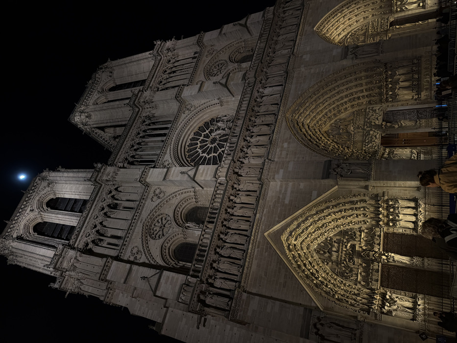 The image displays the illuminated western facade of Notre Dame Cathedral in Paris, France, at night. The Gothic cathedral's light-colored stone structure is prominently featured, highlighted by warm artificial lighting. Three intricately carved arched portals are visible at ground level, with a large central rose window in the upper section of the facade. Above the rose window, two towering bell towers rise, with a crescent moon visible in the dark sky above the left tower. A horizontal band of numerous sculpted figures, identified as the Gallery of Kings, is positioned directly below the rose window. In the lower foreground, two human figures are centrally positioned, facing the cathedral's entrance, viewed from behind. To their right, a line of approximately 10-15 additional individuals is visible, standing behind a dark metal barrier.