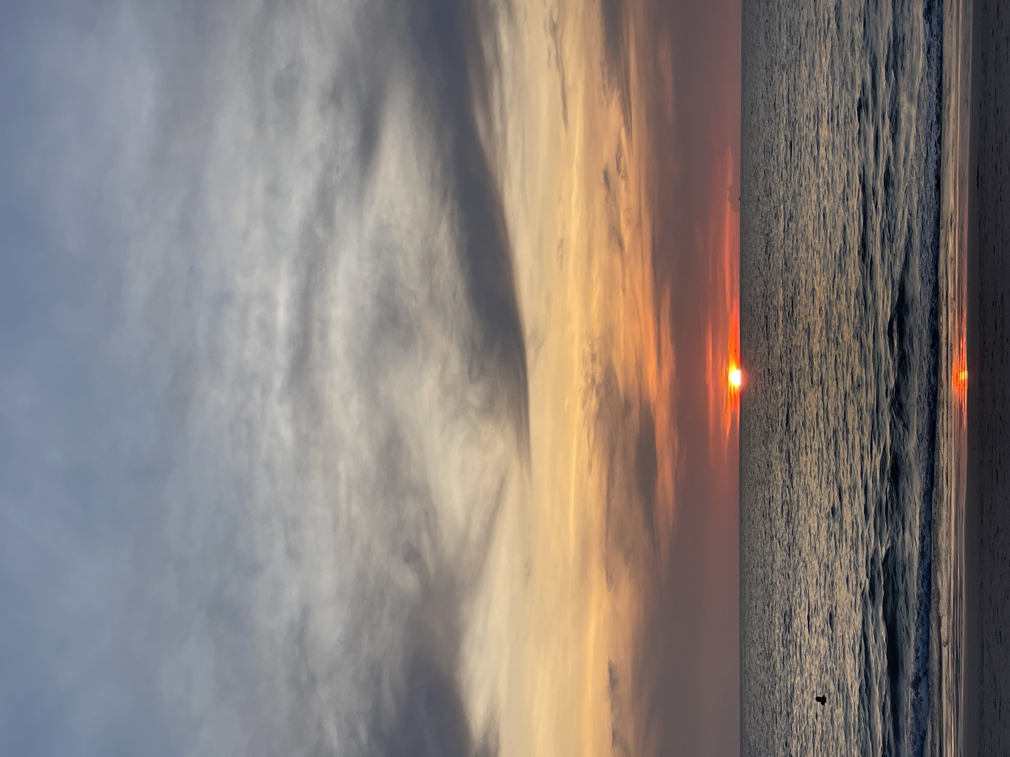 A vibrant sunset unfolds over the ocean in this landscape-oriented photograph. The horizon line diagonally bisects the frame, separating the expansive sky from the restless sea.
The sky on the left side of the image transitions from a soft, light grey-blue at the top to a dramatic blend of warm orange, yellow, and red hues closer to the horizon. Wispy, elongated clouds stretch across the upper sky, catching the fading light and casting subtle shadows. Towards the center, darker grey clouds are interspersed with streaks of bright orange and yellow, creating a dynamic visual texture.
The sun, a brilliant orange-red orb, sits directly on the horizon line, partially obscured by the distant atmosphere. Its intense glow casts a luminous path across the water. The ocean surface reflects the sunset's fiery colors, particularly in a bright, shimmering streak leading from the sun towards the foreground. Waves with textured crests roll towards the viewer, appearing dark grey and almost metallic in the diminishing light.
A small, dark silhouette, possibly a bird, is visible in the lower part of the ocean, flying low over the water or standing on a distant sandbar. On the far right, the shoreline or wet sand reflects the golden light, appearing as a smooth, bright strip alongside the incoming waves.
The scene captures the tranquil yet dramatic beauty of dusk at a coastal location. There is no visible text in the image.