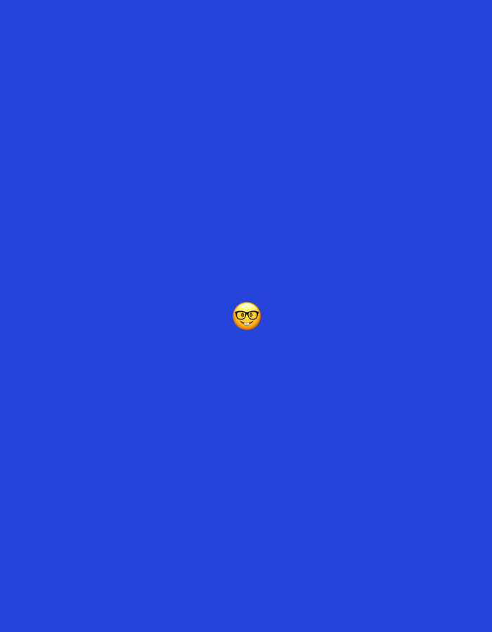 The image displays a solid, uniform royal blue background. Centrally positioned on this background is a single, yellow circular emoji face. The emoji features two oval-shaped black spectacles on its upper half, obscuring the eyes, and a simple, slightly upturned black line representing a closed smile. There are no other discernible subjects, objects, individuals, actions, or interactions present within the frame. The environment is a flat, two-dimensional digital graphic. The image contains no visual elements, landmarks, or contextual cues that would indicate a specific geographical location, including the city of Santa Ana, Venezuela, or any other real-world setting.