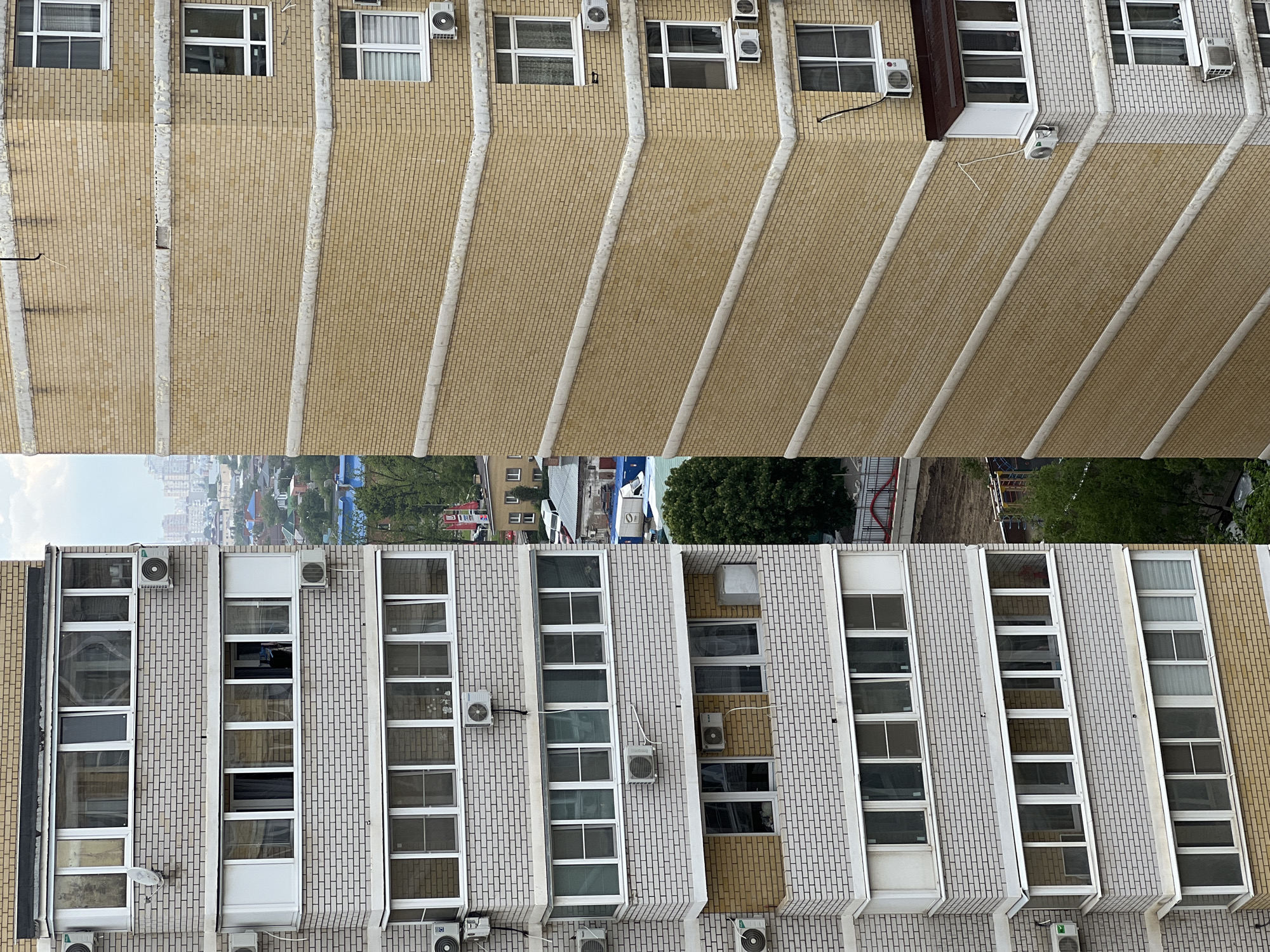 The image shows the exteriors of two buildings in what appears to be Krasnodar, Russia, given the surrounding urban landscape partially visible between the two structures. The buildings have distinct architectural styles and construction materials.
The upper portion depicts a multi-story building with light beige brickwork and vertical white concrete or stone accents. Windows are interspersed throughout, and some have air conditioning units installed nearby. The view suggests a perspective from above, looking down at the building's facade.
The lower portion presents a similar multi-story structure, but with grey brickwork and white vertical accents. The windows are arranged in similar vertical columns. Air conditioning units are also present on this building. The surrounding environment hints at an urban setting with trees, buildings, and infrastructure visible between the two buildings.