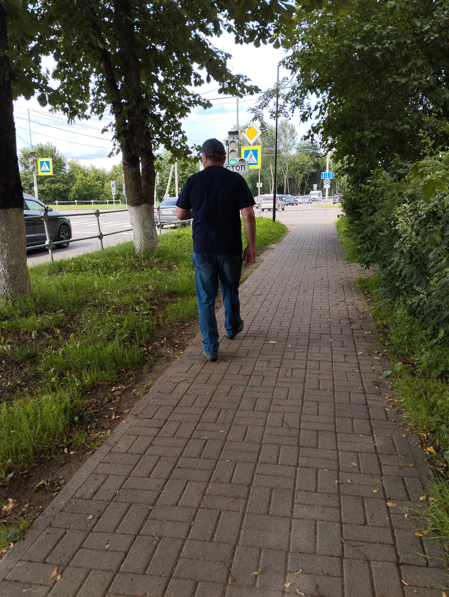 A man wearing a dark blue t-shirt and blue jeans walks away from the camera on a grey brick sidewalk. He is wearing a dark baseball cap. The sidewalk is lined with green grass and trees on the left, and a dense green hedge on the right. In the background, there is a road with several cars and a pedestrian crossing sign. The sky is partly cloudy. The scene appears to be located in Kingisepp, Russia, given the presence of Russian traffic signs and the overall urban landscape.