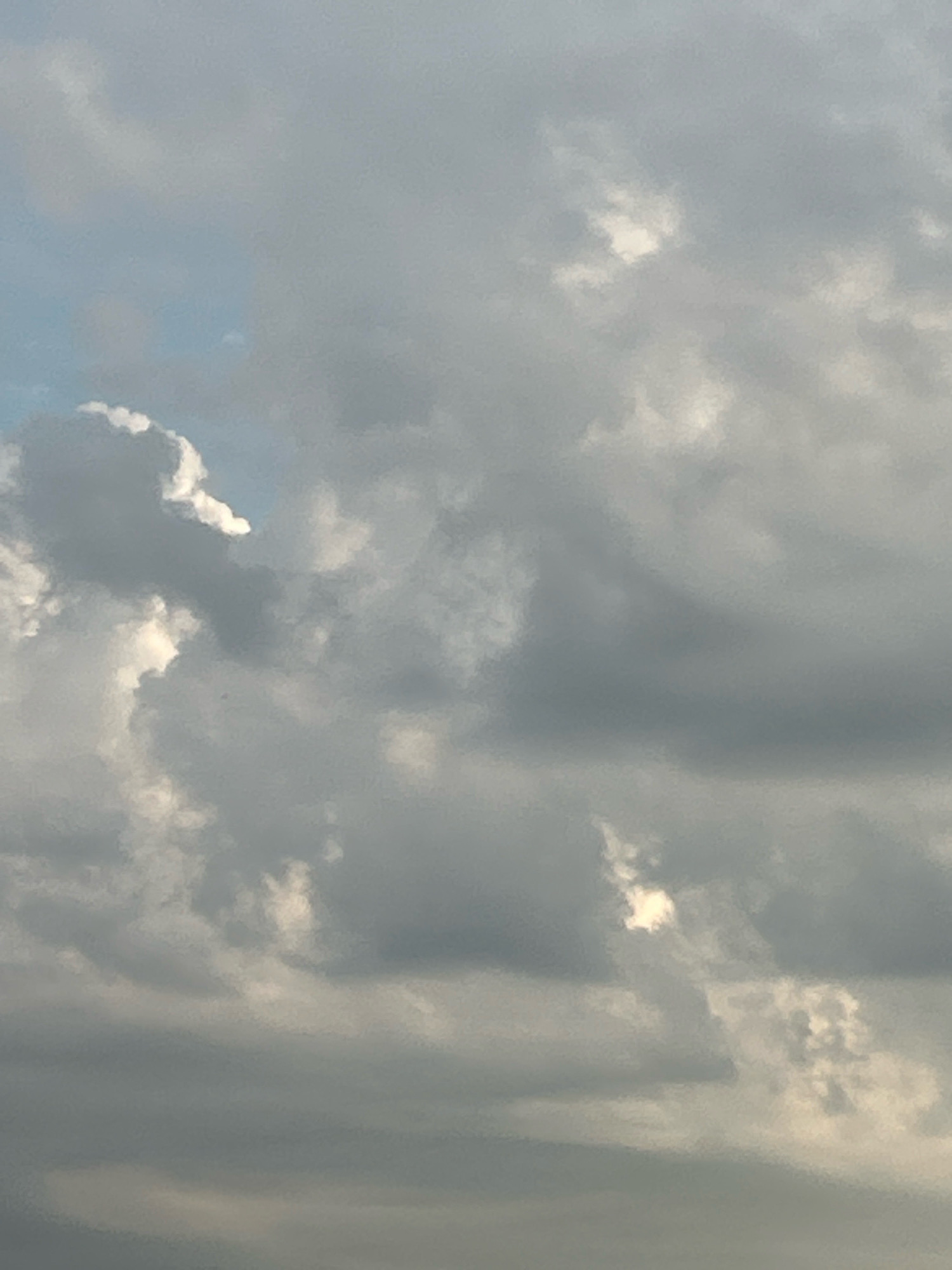 The image shows a cloudy sky over Robinson Township, United States of America. The clouds are gray and white, with some patches of blue sky visible. The clouds appear to be in various shapes and sizes, with some appearing fluffy and others more wispy. The lighting suggests it is daytime, possibly late afternoon or early evening due to the subdued light. There are no people, animals, or man-made objects visible in the frame, only natural elements of the sky.