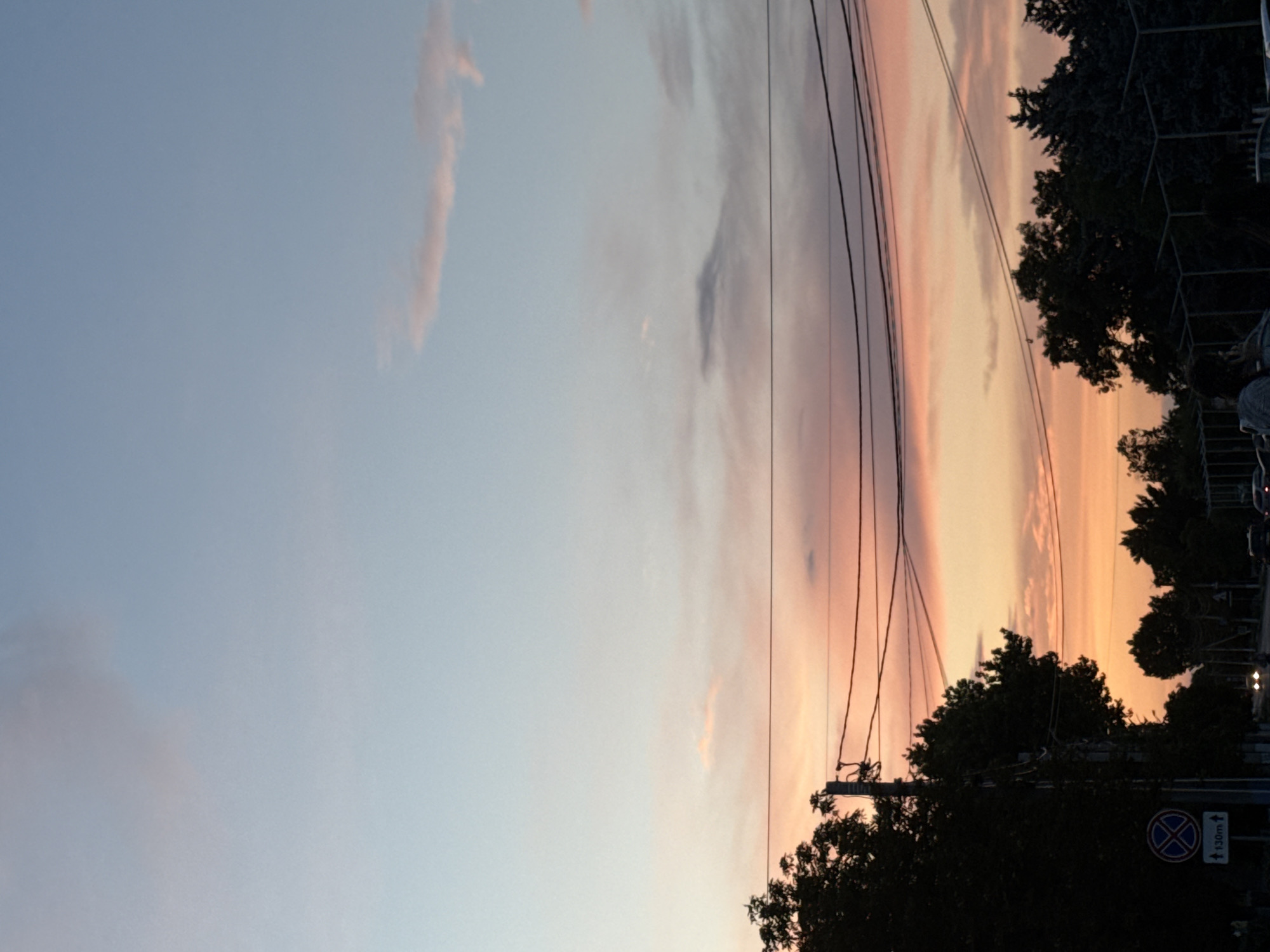 The image captures a serene sunset over Basarabeasca, Moldova, with the sky painted in hues of soft pink, orange, and blue. Silhouetted against the vibrant sky are lush green trees and a network of power lines stretching across the frame. In the foreground, a street is visible with cars driving along, their headlights illuminating the road. A street sign indicates "130m" and a circular blue and white traffic sign is also present. The overall atmosphere is tranquil, with the fading light casting a warm glow on the scene.