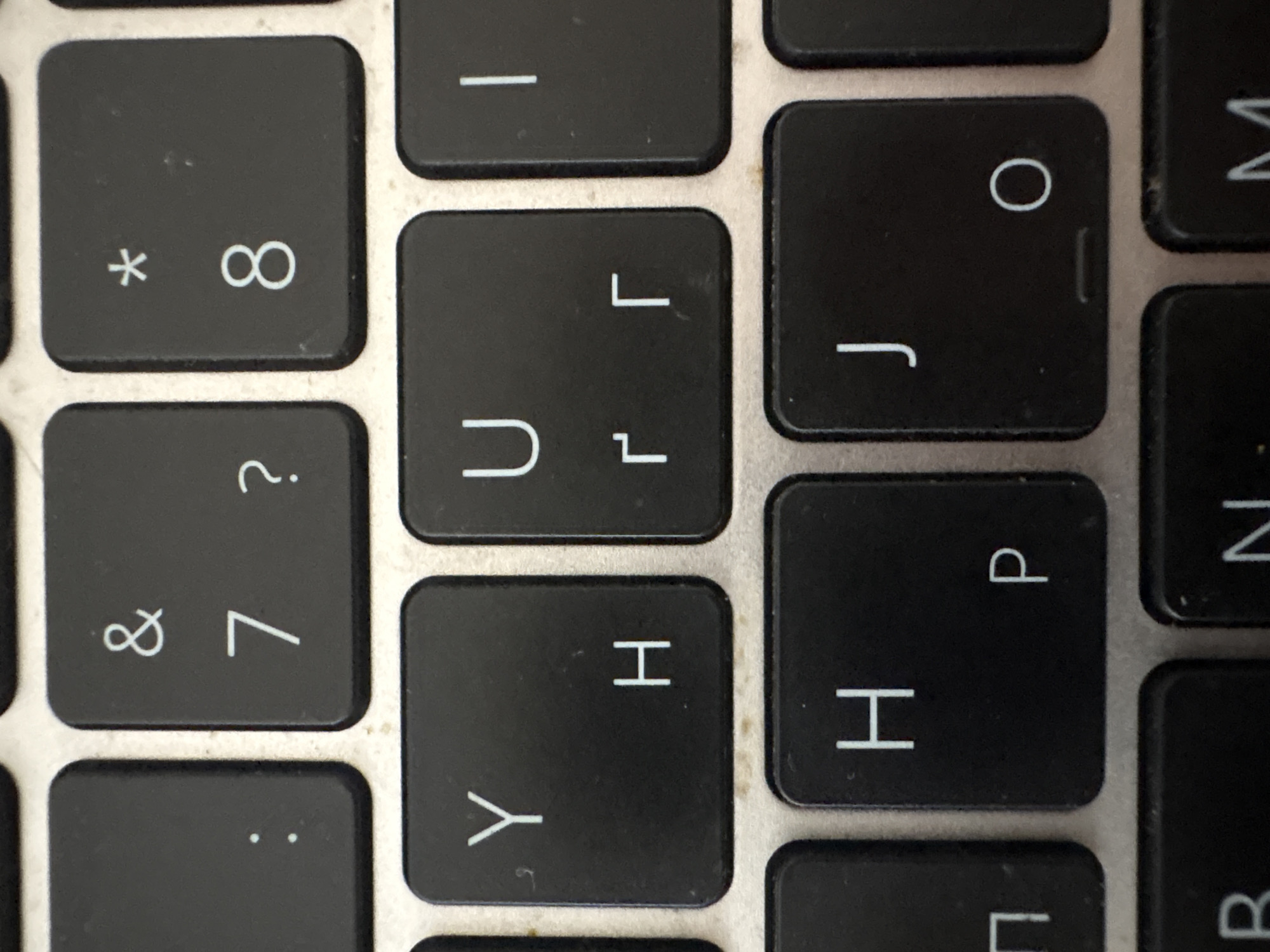 The image shows a close-up of a keyboard, focusing on a section of keys. The keys are black with white lettering and symbols. The visible keys include numbers, letters, and other symbols. The surrounding area of the keyboard appears to be a light silver or gray color. The arrangement of the keys suggests a standard QWERTY layout. The overall impression is of a clean, slightly used keyboard. There is no evidence to suggest any location, including Nha Trang Ward, Vietnam.