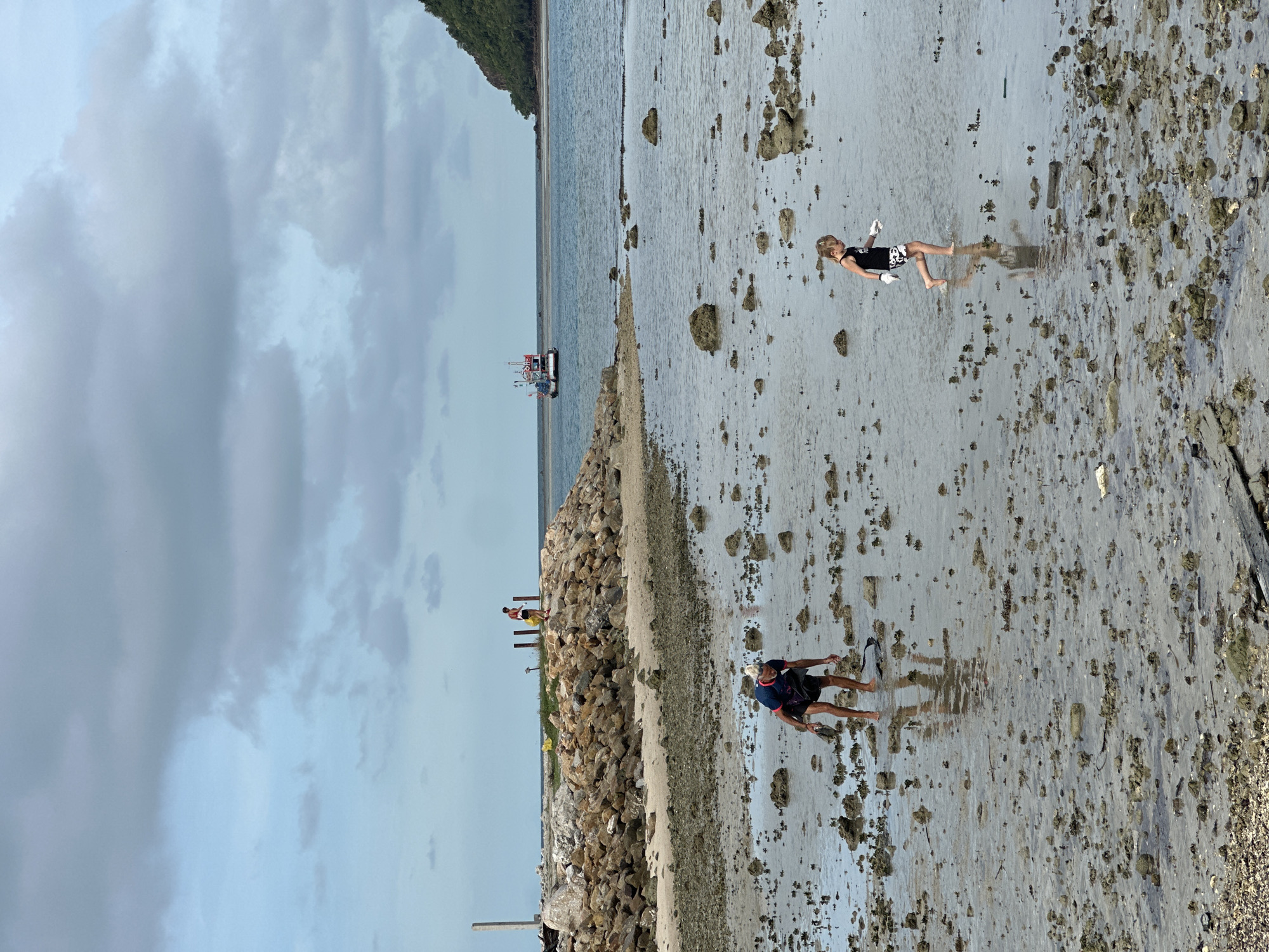 The image depicts a coastal scene in Ko Pha Ngan, Thailand, during what appears to be low tide. In the foreground, two individuals are visible on a wet, rocky shore littered with shells and debris. A person with light-colored hair, wearing a dark blue shirt and dark shorts, is bent over, appearing to pick something up from the ground. To their right, a young child in a black and white patterned outfit is walking through the shallow water, holding white gloves.
Further back, a man and a woman are standing on a breakwater constructed of large rocks. They are both wearing casual clothing, and the woman is holding a yellow bag. Beyond the breakwater, the sea stretches towards a distant, green, mountainous island. A small fishing boat with a red and white cabin is visible on the water. The sky is overcast with light gray clouds, and the overall lighting suggests it is daytime. The environment is predominantly natural, with a mixture of sand, rocks, and shallow water.