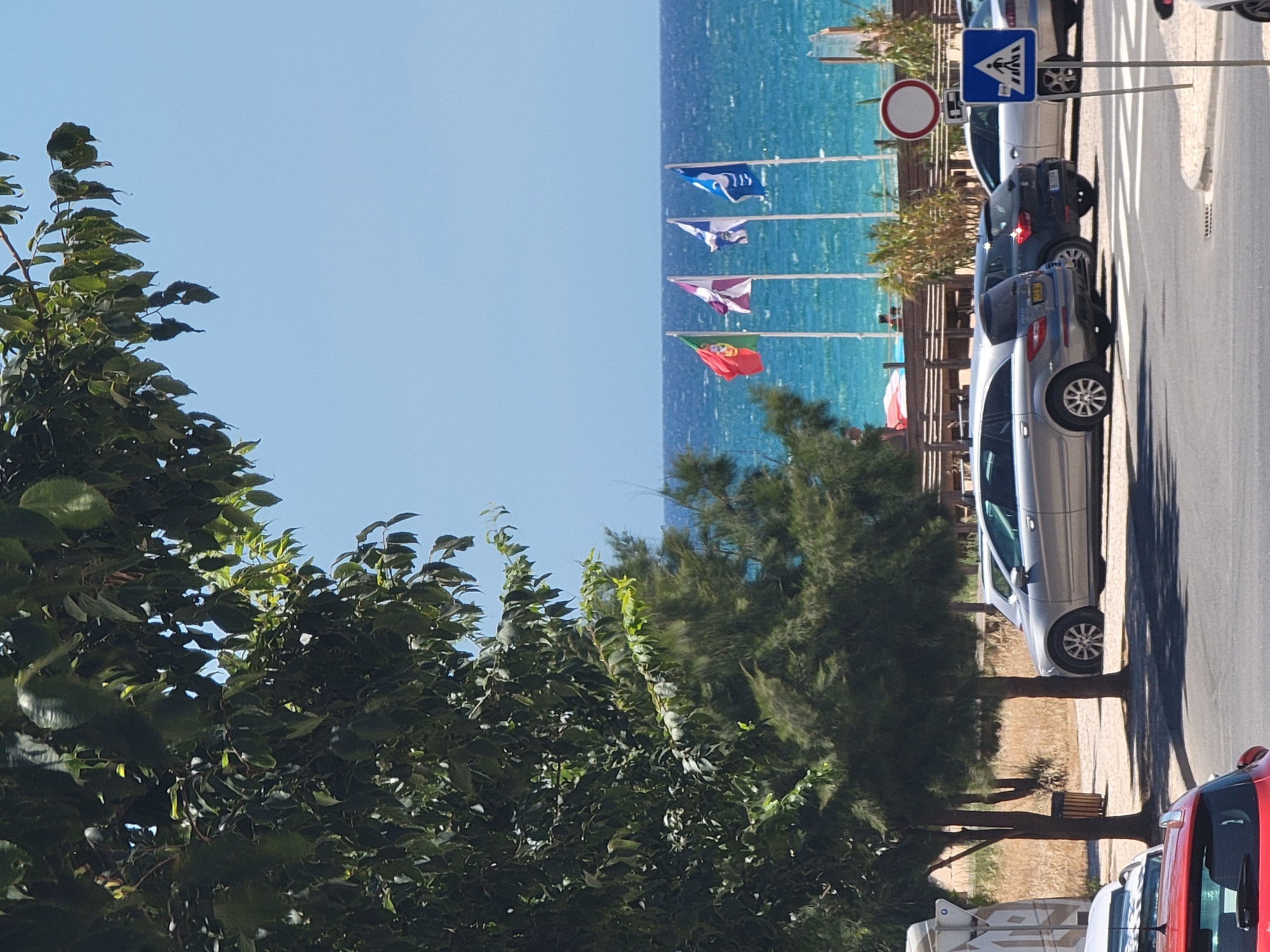 The image shows a sun-drenched scene in Quarteira, Portugal, near the beach. In the foreground, several cars are parked on asphalt. A silver SUV is prominent, alongside other vehicles. To the left, a large, leafy tree dominates the frame, casting shadows. Beyond the cars, a paved area with more trees and vegetation leads to a wooden boardwalk. Further back, four flags are planted in a row against the backdrop of a bright blue ocean. One of these flags is the Portuguese national flag. The sea stretches to the horizon under a clear blue sky. A pedestrian crossing sign is visible on the right side of the image. People are sparsely visible in the background, suggesting a casual beach day.