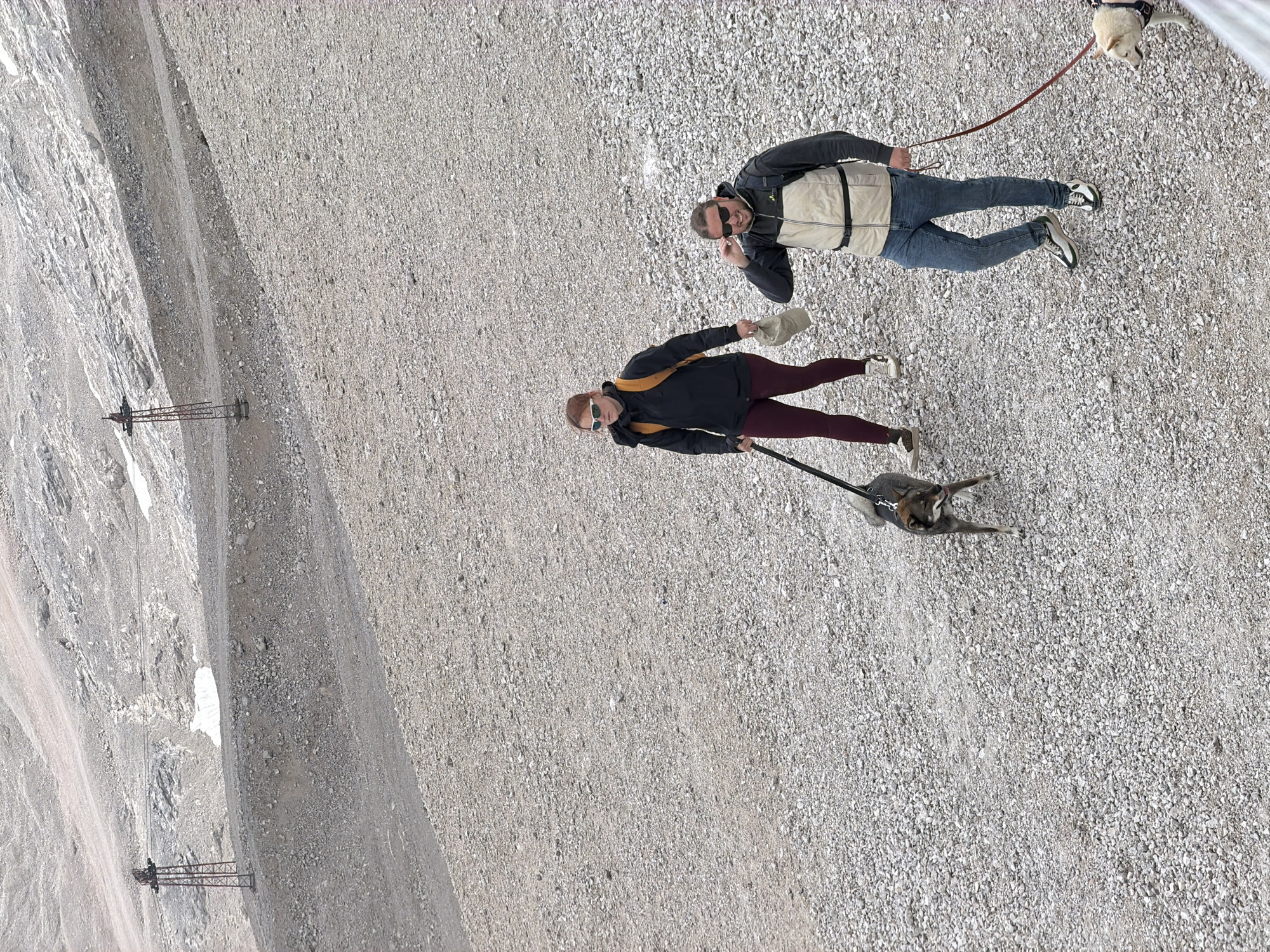 An overhead, medium shot captures two individuals and two dogs walking on a rocky, barren mountain slope. The terrain is predominantly a light gray gravel and scree. In the background, a distant snow patch is visible, and two tall, red metal towers with cables strung between them are present, suggesting a ski lift or similar infrastructure.
The person on the left, a woman, is walking a medium-sized, dark-colored dog on a black leash. She is wearing a black jacket, burgundy leggings, and white sneakers, and she has sunglasses on and is carrying a light-colored cap. She is holding a dark trekking pole.
To her right and slightly ahead, a man is walking a small, light-colored dog on a red leash. He is wearing a light-colored vest over a dark long-sleeved shirt, blue jeans, and white and green sneakers. He is also wearing sunglasses and has one hand raised to adjust them. The dogs are positioned between the two individuals. The smaller dog is facing away from the camera, and the larger dog is facing towards the camera, with its tongue slightly out. The overall scene suggests a casual hike or outdoor activity in a mountainous, possibly alpine, environment. Given the presence of ski lift towers and the mountainous terrain, this scene is likely located on the Zugspitze mountain, near Garmisch-Partenkirchen, Germany.