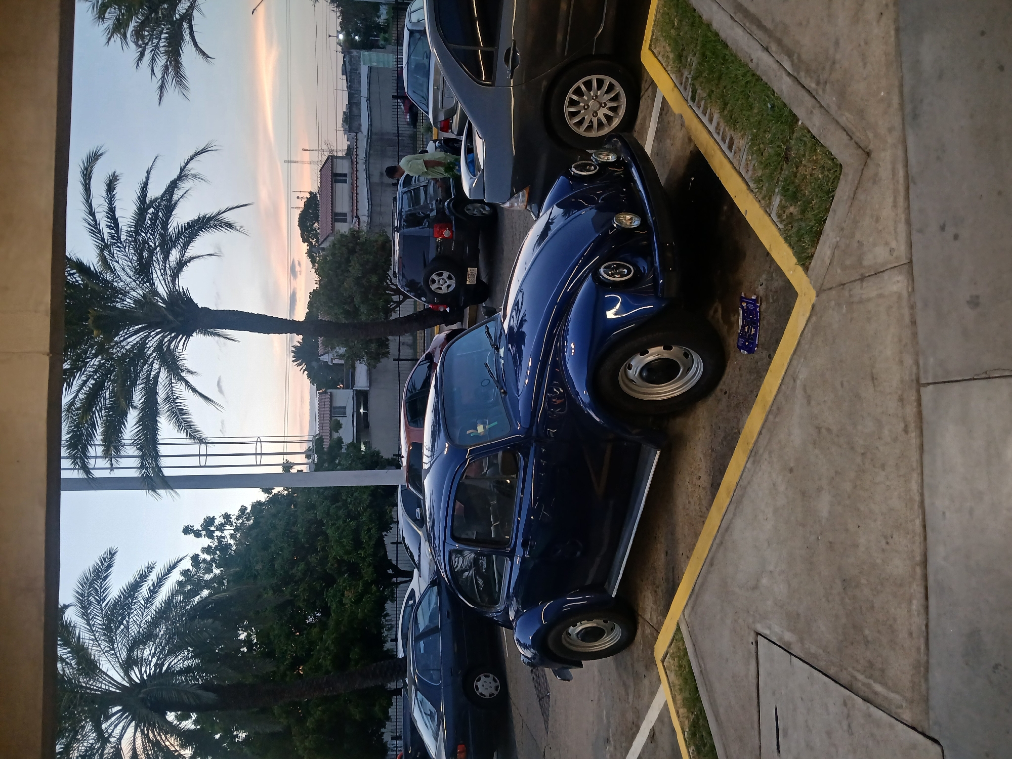 The image shows a parking lot in Ciudad Guayana, Venezuela. Several cars are parked, including a distinctive blue Volkswagen Beetle with custom headlights. A person in a light green shirt stands near a dark SUV. Palm trees are visible in the background, and the sky indicates it is either sunset or sunrise. The parking lot is marked with yellow lines and includes concrete barriers with grass patches. A small, possibly toy, car rests on the concrete near the Beetle's front wheel. Buildings and utility poles are visible in the distance, indicating an urban environment. The scene appears to be captured from an elevated vantage point, possibly a building.