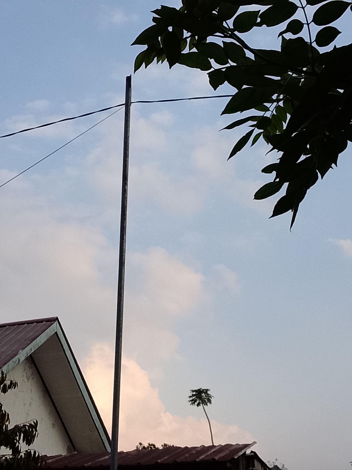 The image shows a partial view of a building with a reddish-brown roof and a light-colored wall, likely located in Padang Dalom, Indonesia. In the foreground, a tall, slender metal pole stands vertically, supporting a thin black wire that extends diagonally across the sky. Above and to the right, the dark silhouette of tree leaves is visible against a pale blue sky with soft, white clouds. In the distance, a small tree with sparse foliage stands on top of a rusty corrugated iron roof. The scene appears to be outdoors, under a partly cloudy sky.