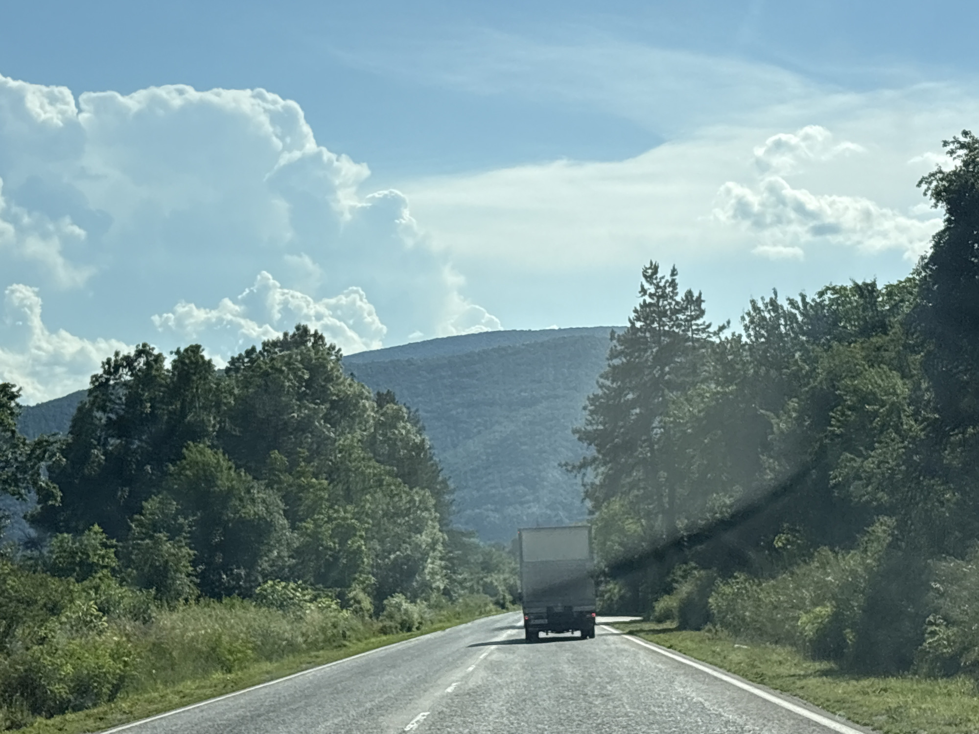 A flatbed truck is traveling on a paved road through a mountainous, forested area. The truck is gray and has its taillights on. The road is in good condition with white lines on the sides and middle. The truck is in the center of the frame, heading away from the viewer. The surrounding area is covered with lush green trees and grass. In the background, rolling hills and mountains are visible, with a clear blue sky and large, fluffy white clouds overhead. The image appears to have been taken from inside a vehicle, as suggested by the slight glare on the windshield in the foreground.