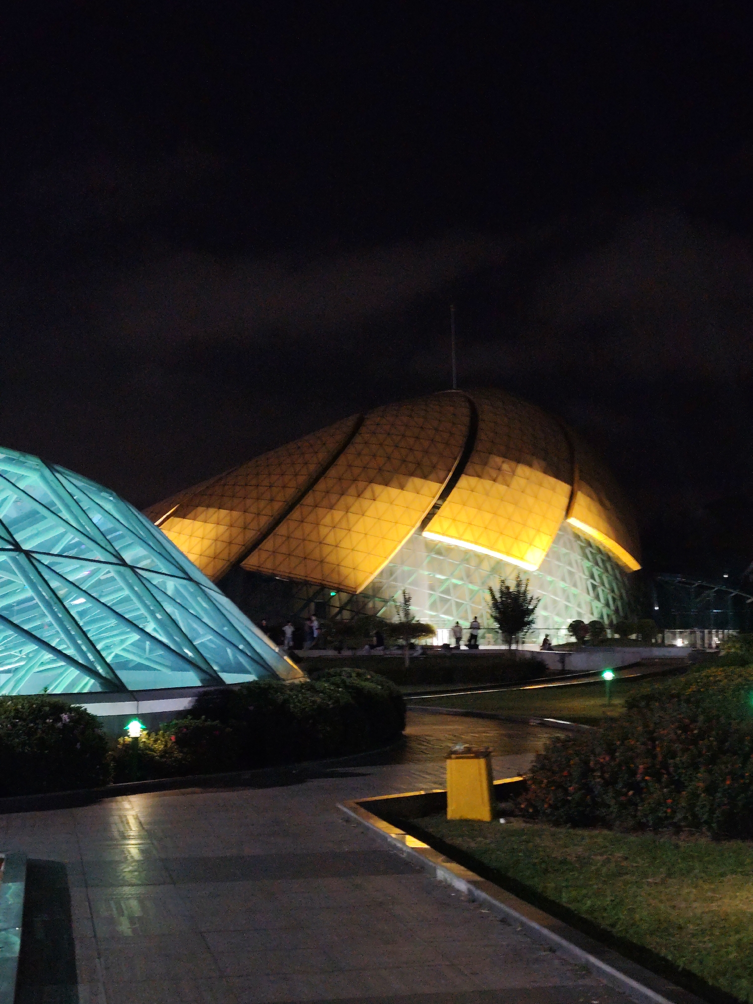 A nighttime exterior shot captures two distinctive geodesic dome structures in Da Lat, Vietnam. The larger, illuminated structure on the right features a golden, petal-like roof that rises towards the dark sky, supported by a glass facade that glows with a soft, green light. Several small figures are visible on the walkway in front of this building. To the left, a smaller, teal-colored geodesic dome is also illuminated, its geometric panels reflecting the surrounding lights. The foreground consists of a paved walkway bordered by manicured bushes and grassy areas. A yellow trash receptacle stands near the walkway. The overall scene is one of illuminated modern architecture against a dark, possibly cloudy, night sky.
