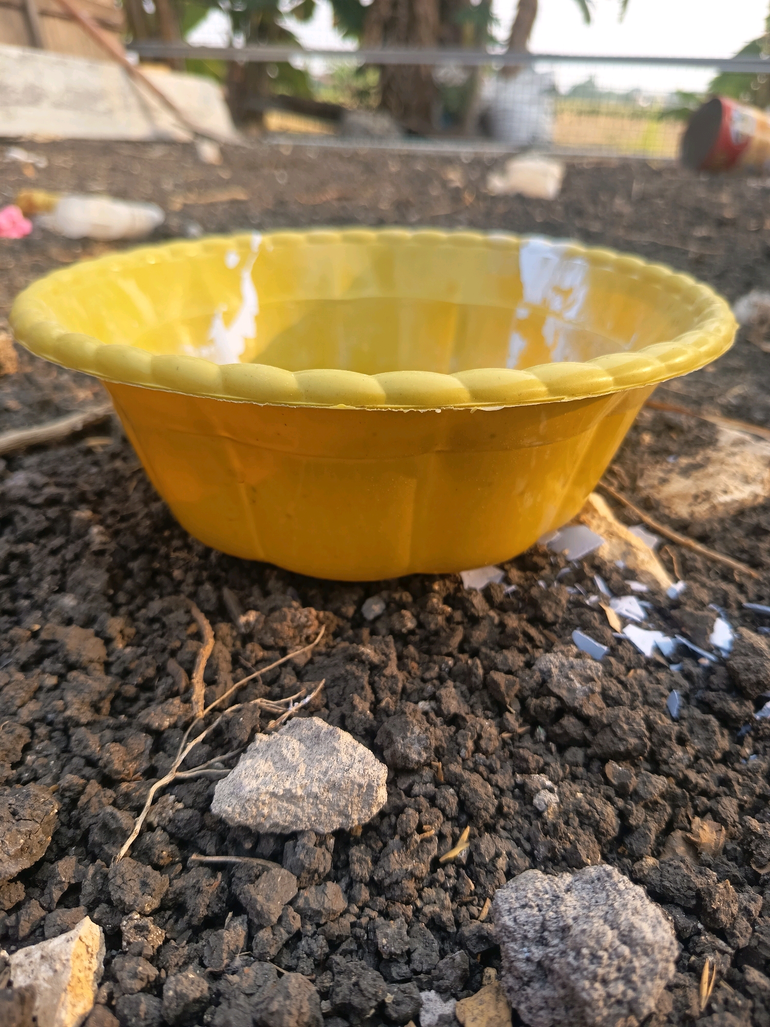 A low-angle, medium shot captures a yellow plastic basin resting on dry, dark soil and small rocks. The basin's rim is decorated with a scalloped pattern. White paint splatters are visible on the inside and rim of the basin. The ground is composed of small, irregular dark clods of earth interspersed with pebbles and dried twigs. In the background, out of focus, is a blurred landscape with hints of vegetation, a metal fence, and possibly some discarded items. The lighting suggests it is daytime, likely late afternoon due to the warm tones and shadows. The scene appears to be outdoors in a somewhat unkempt area, possibly on the outskirts of a residential or rural setting within Sidorejo, Indonesia. There are no people or animals visible in the frame, and no discernible action is taking place.