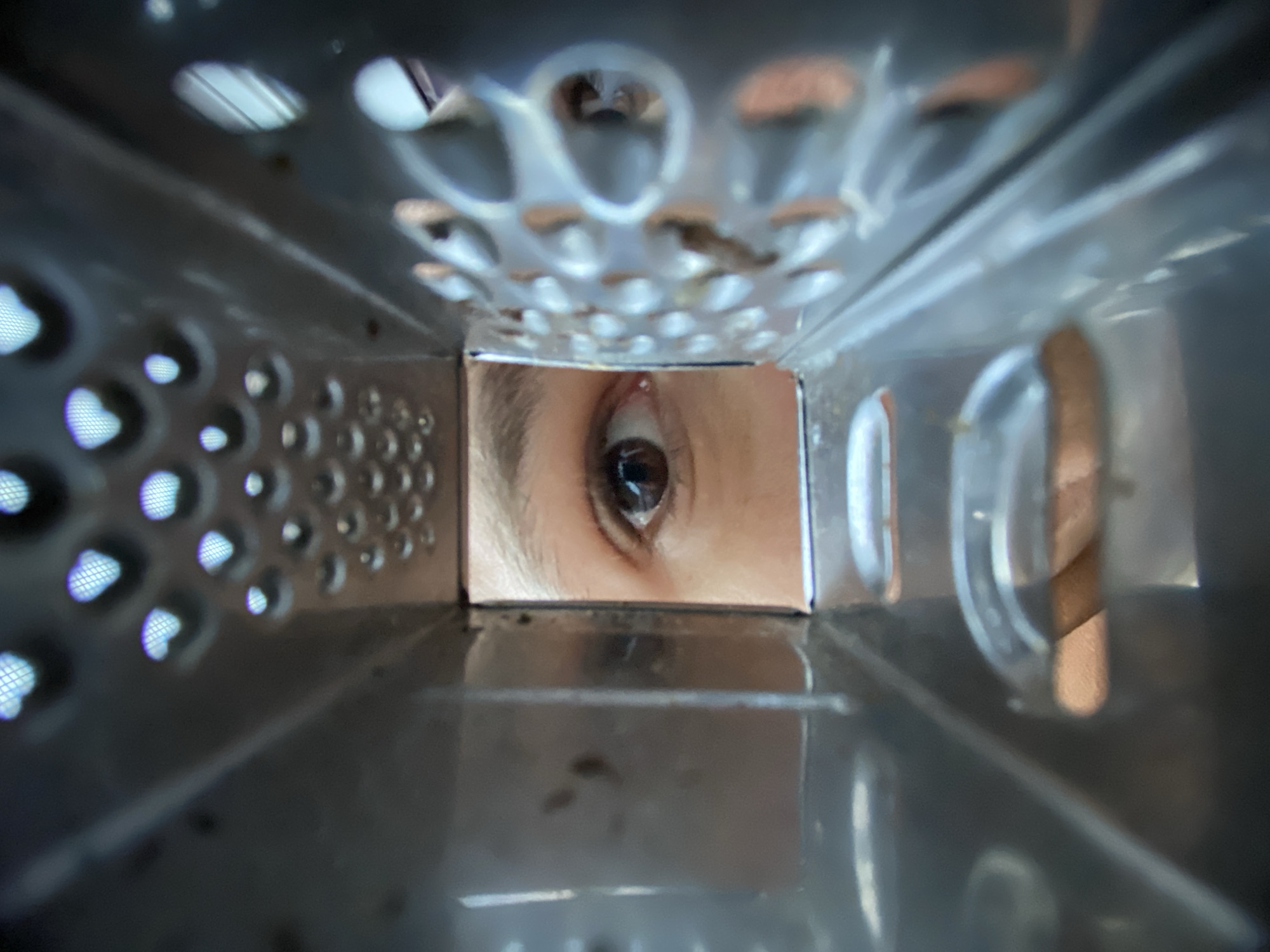A close-up, distorted image shows an eye peering through the inside of a cheese grater. The metal grater is visible in the foreground and creates a frame around the eye. The eye is the focal point and appears to belong to a person looking directly at the camera through the grater. The background is indistinct due to the shallow depth of field. The image conveys a sense of entrapment, curiosity, or humor. There is no discernible information that relates the image to the city of Pleven, Bulgaria.