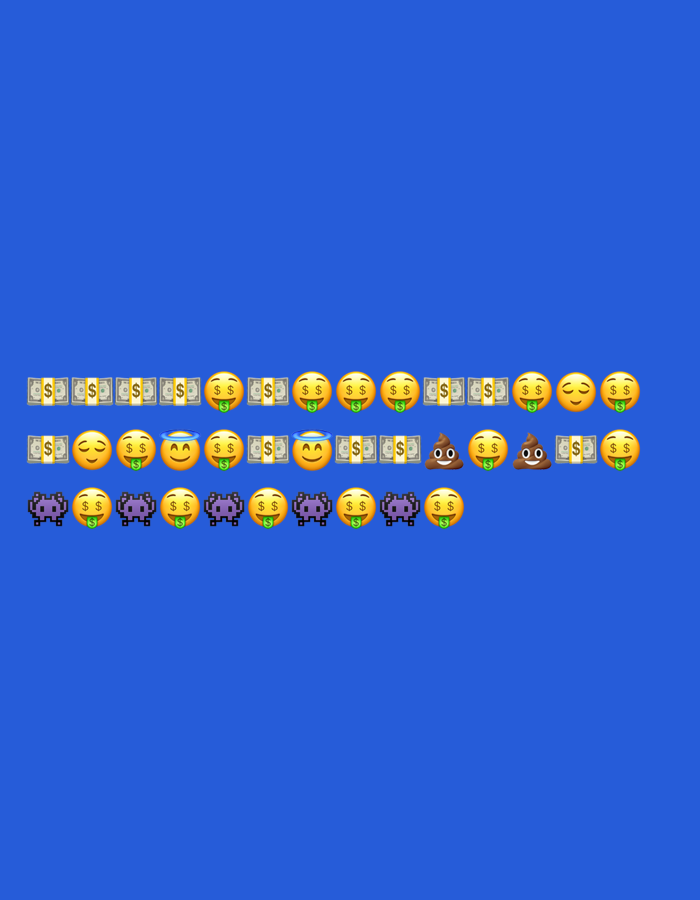 The image displays rows of emojis against a solid blue background. In the top row, there are stacks of money emojis alternating with money-mouth face emojis and a few other money-related emojis like a smiling face with halos and dollar signs for eyes. The second row starts with a sleeping face emoji followed by money-mouth face emojis, halos, and two pile of poo emojis. The third row is a mix of pixelated aliens and money-mouth face emojis. The image is a digital composition of emojis, not a photograph of a real-world scene.