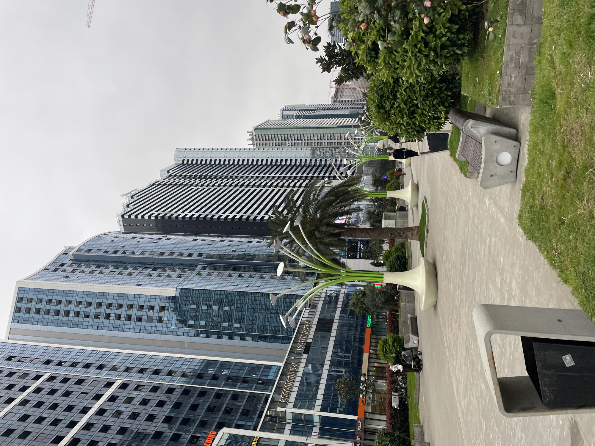 The image captures an outdoor scene in Batumi, Georgia, featuring a modern cityscape juxtaposed with park elements. Several high-rise buildings dominate the background, exhibiting reflective glass facades and varying architectural styles. The tallest building stands out with its black and white striped design. In the foreground, there's a paved walkway flanked by grassy areas and trees. Unique modern light fixtures, resembling stylized green-stemmed flowers with white lamp heads, line the path. A few benches and trash receptacles are scattered along the walkway. On the ground floor of one of the buildings, the sign "VICTORIA CAFE" can be observed. Several people are also present in the scene, but it is hard to deduce what they are doing. The sky is overcast, suggesting a cloudy day.