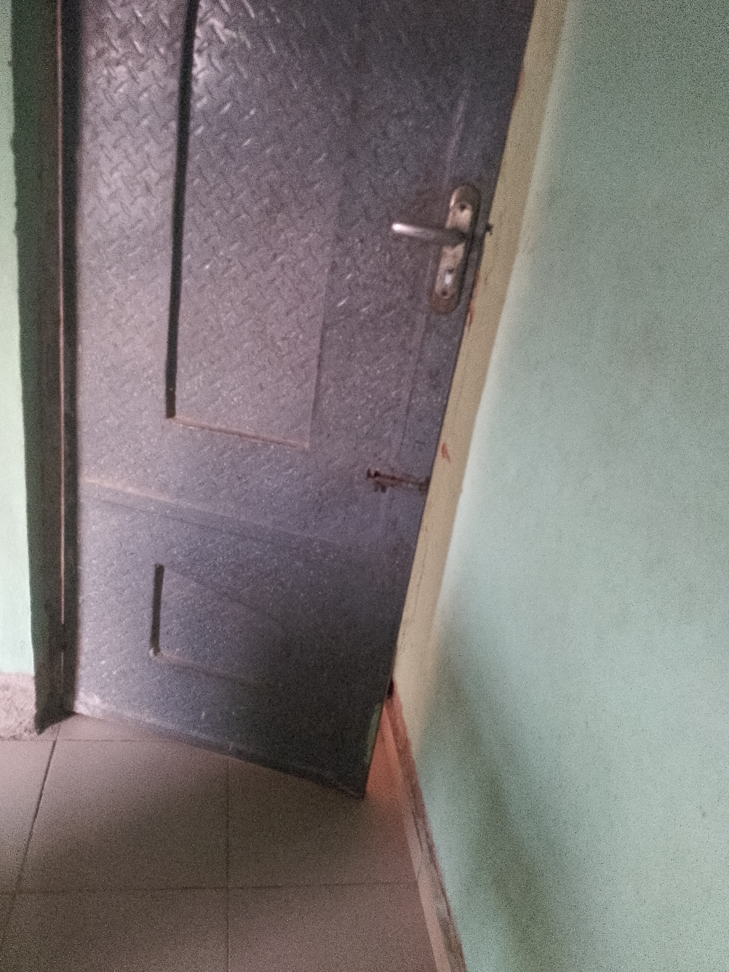 A full shot shows a metal door against a pale green wall and tiled floor in what appears to be a hallway or entryway. The door is dark gray and has a diamond plate texture. A silver-colored door handle is visible on the right side of the door. The door is ajar, revealing a sliver of darkness beyond. The wall to the right of the door is painted a pale green color. The floor is tiled with large, dark gray square tiles. The lighting is dim, casting shadows on the door and floor.