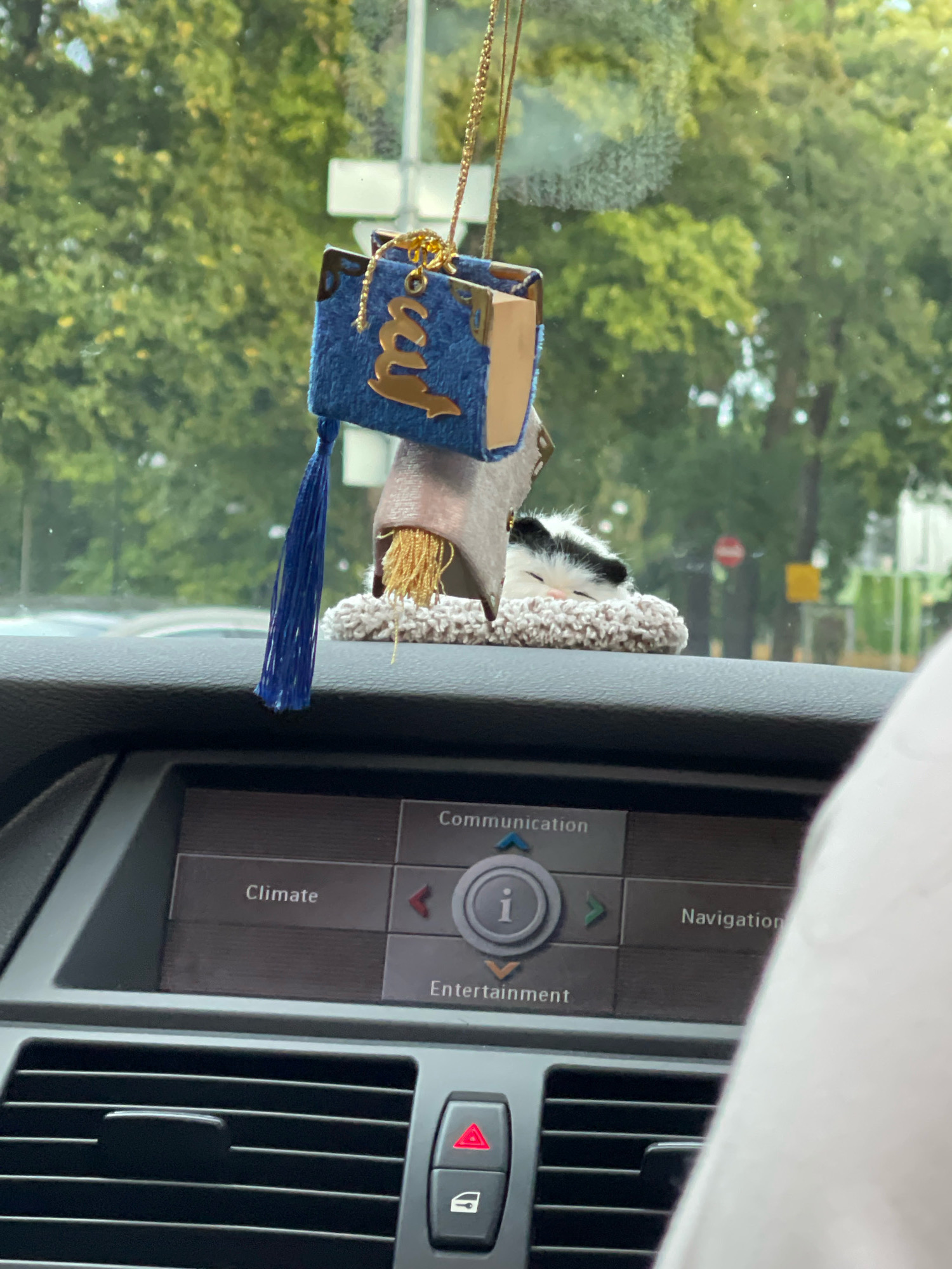 In Tallinn, Estonia, a black and white stuffed cat sleeps on a fuzzy pillow, hanging from a car's rearview mirror. The car's dashboard displays a navigation screen with options for "Communication," "Climate," "Entertainment," and "Navigation." Outside, green trees and a blurred street scene are visible through the windshield.