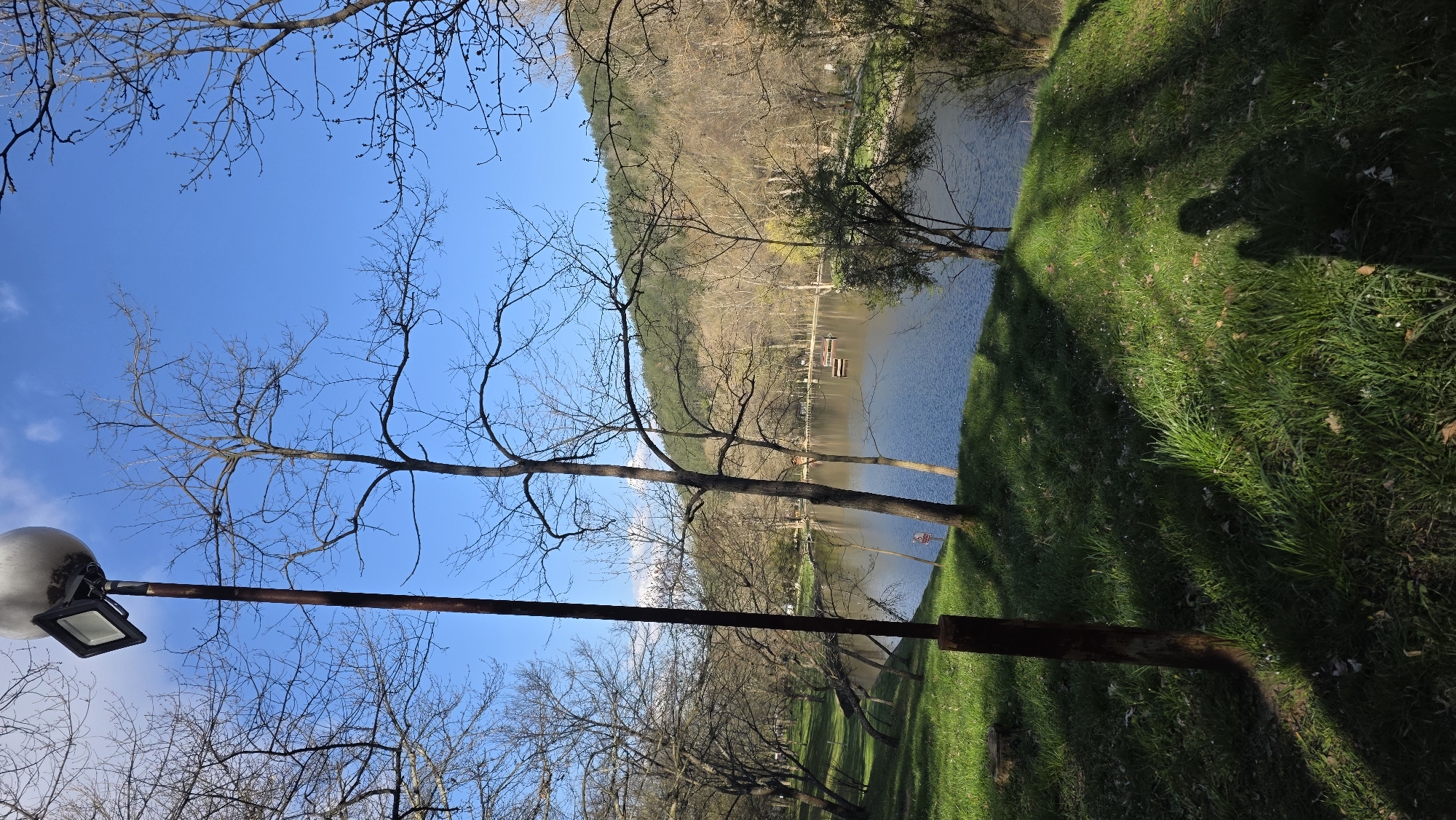 The image depicts a park scene in Blagoevgrad, Bulgaria, near a body of water. Bare trees are prominent in the foreground, silhouetted against a bright blue sky with a few clouds. A rusted metal pole supporting a modern street lamp is also visible. Beyond the trees, a lake or river is present, with a forested hill visible in the background. A small dock or platform extends into the water. Grass grows on the adjacent bank, with shadows cast across the grass indicating strong sunlight. No people are clearly visible, although shadows resembling human figures appear in the grassy area.
