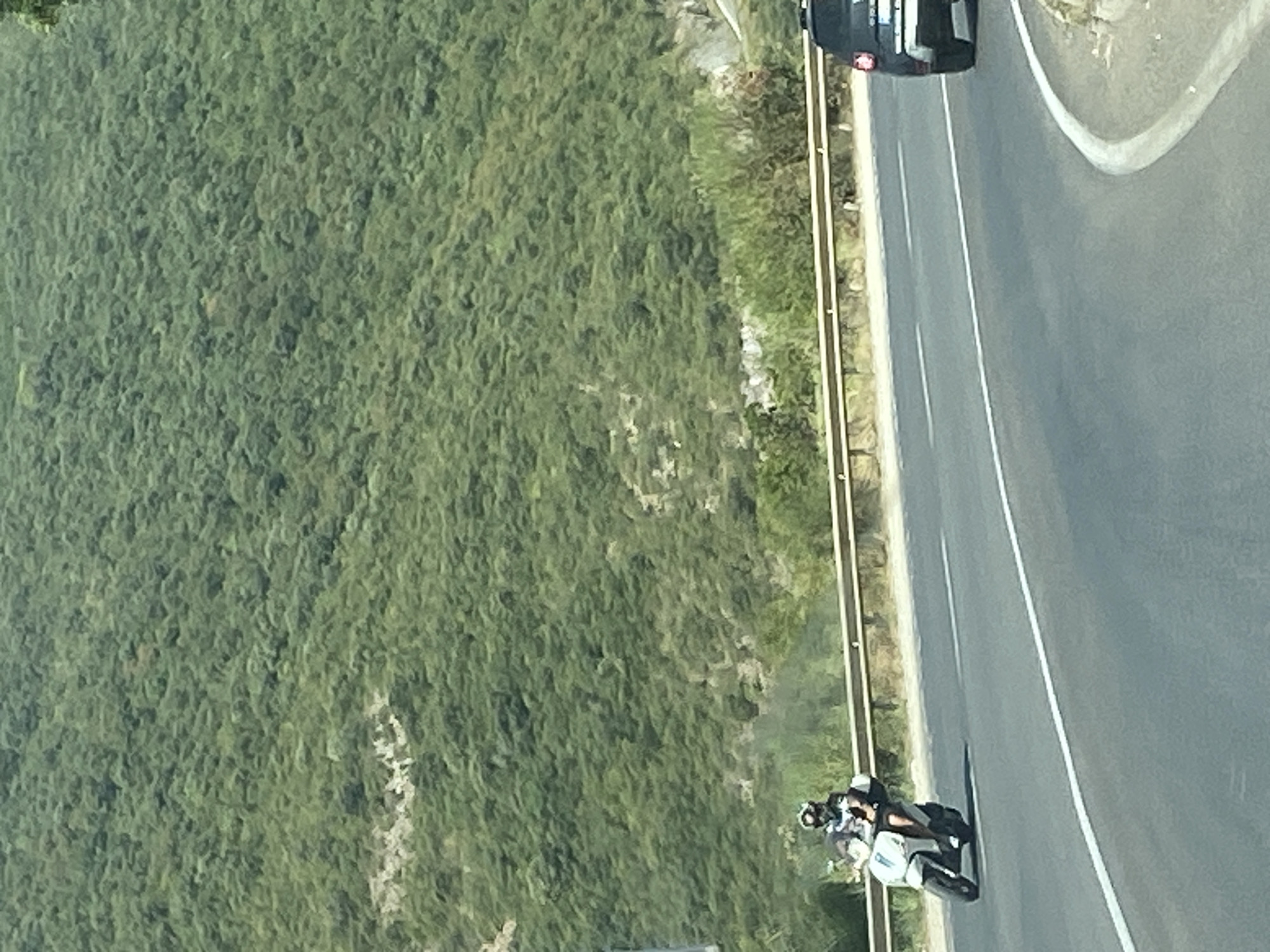 The image shows a scooter with a single rider on a road, with a car visible in the background. The scooter is white and the rider is wearing a helmet and a dark-colored outfit. The car is black and appears to be a SUV. The road is paved and curves to the right. There is a guardrail on the left side of the road, separating it from a steep, tree-covered hill. The hill is densely vegetated with various shades of green. The sky is bright, suggesting a sunny day. The scene is located on a winding road with a mountainous backdrop, consistent with the topography of Prijevor, Montenegro.