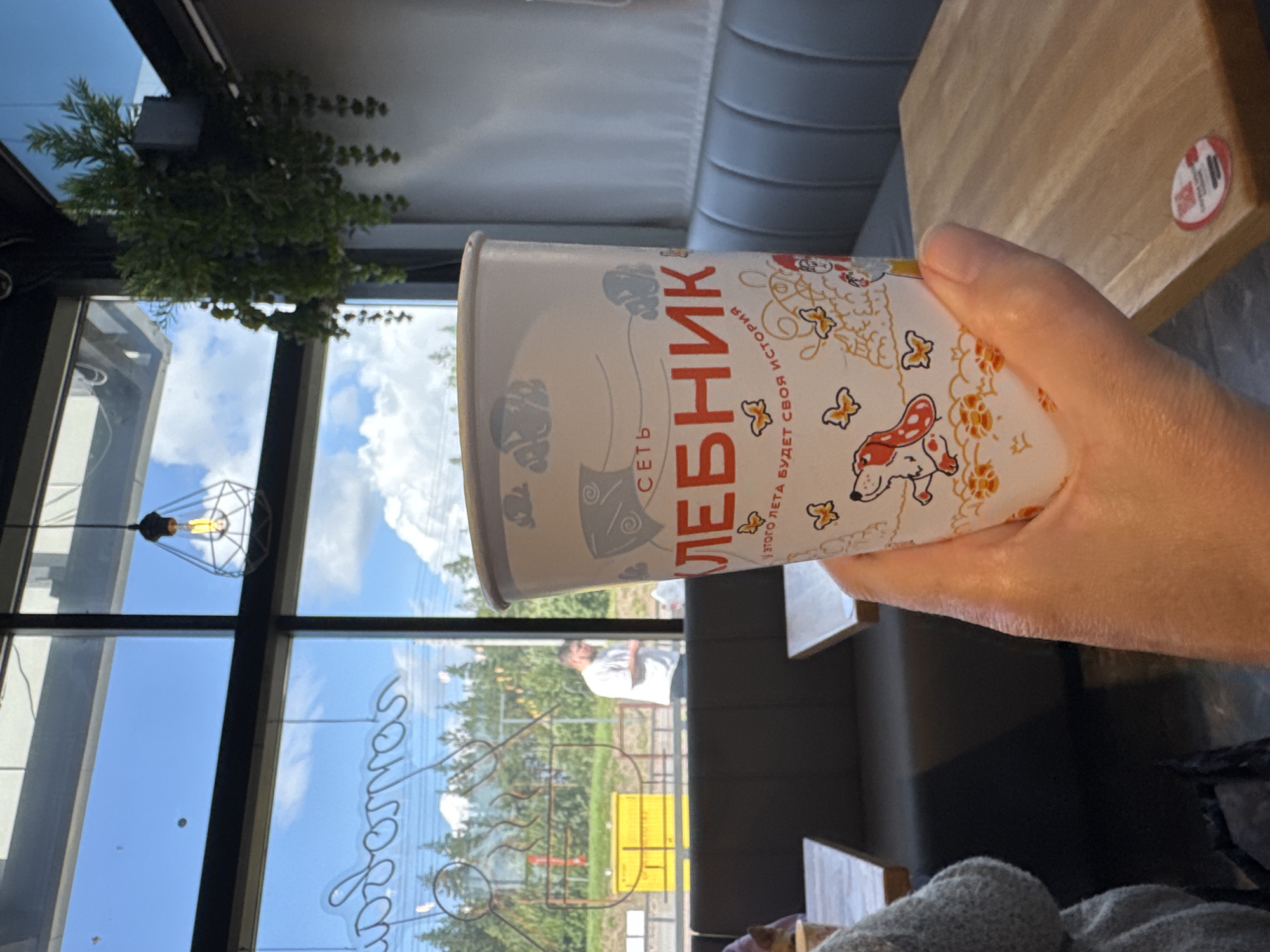 In the city of Peski, Russia, a person holds a paper cup with a design of a dog and butterflies. The cup has Russian text that says "СЕТЬ" and "ЛЕБНИК". In the background, through a large window, a man in a white t-shirt is visible, and beyond him, trees and a blue sky with clouds. Inside, there are booths and wooden tables. A hanging plant is also visible.