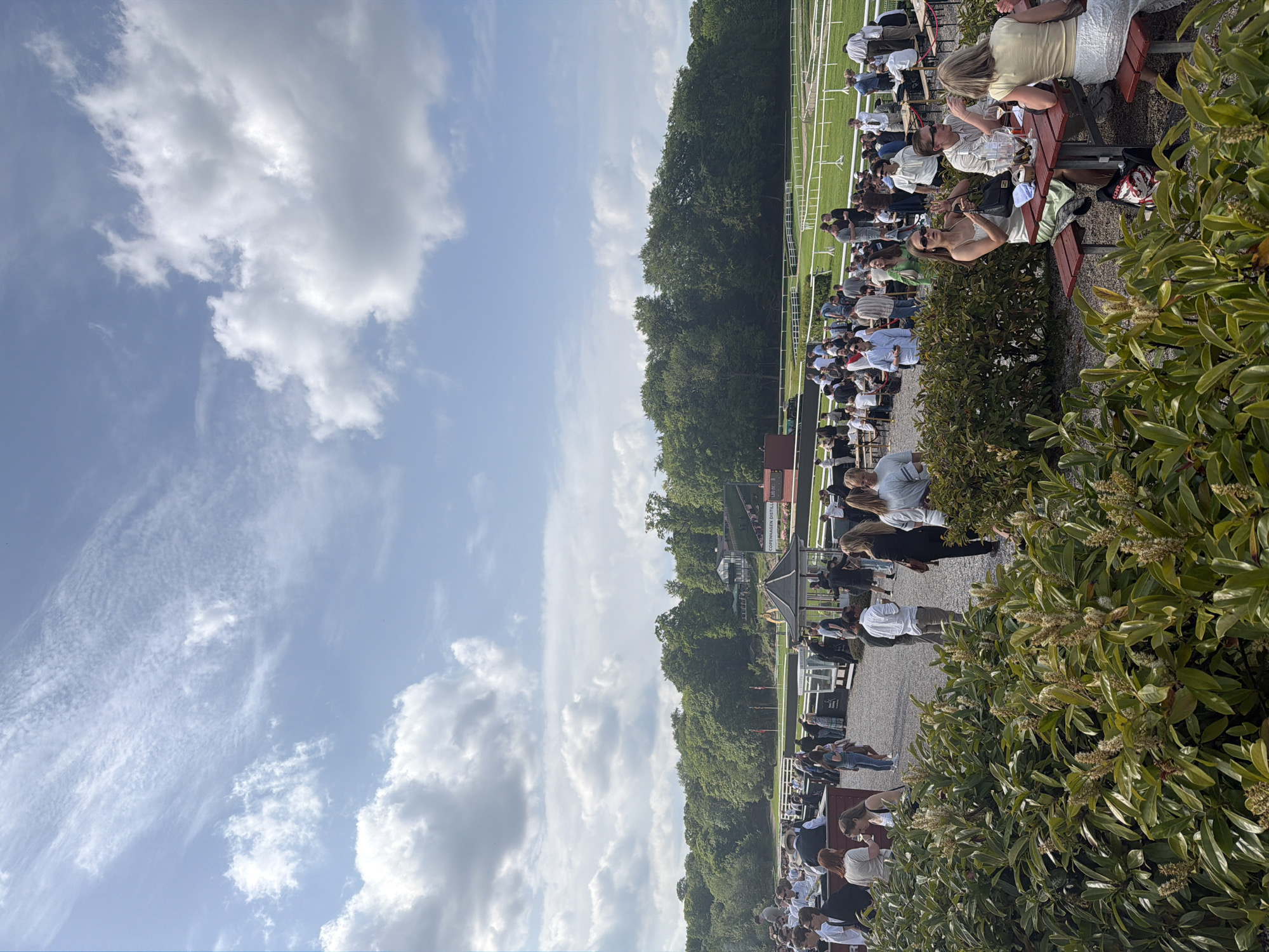 The image shows a scene at the Copenhagen Open, a horse racing track. Several rows of people are seated at picnic tables along the track. A line of trees separates the seating from the track. The sky is blue with scattered white clouds. Shrubbery is in the foreground.