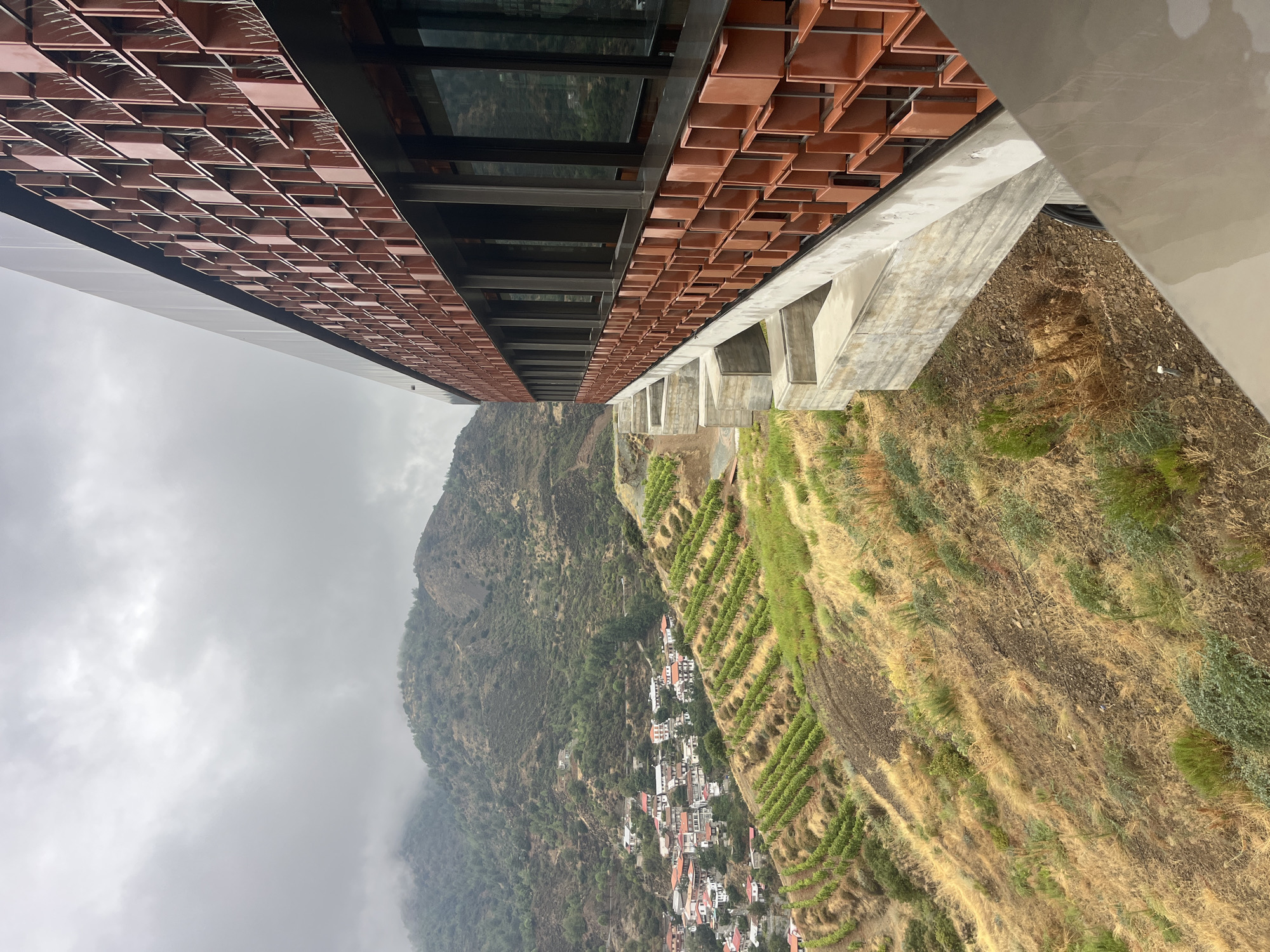 The image captures a modern building with a patterned facade of brown, square-shaped elements and dark windows, situated on a hillside in Kalopanagiotis, Cyprus. The building's concrete base is visible, supporting its elevated structure. To the left, the landscape slopes downwards, revealing terraced vineyards with green vines. Further in the distance, a village with white and red-roofed houses is nestled among rolling, verdant hills, some of which are shrouded in mist under an overcast sky. The foreground of the hillside is dry and grassy, with scattered green shrubs. There are no people or animals visible in the image.