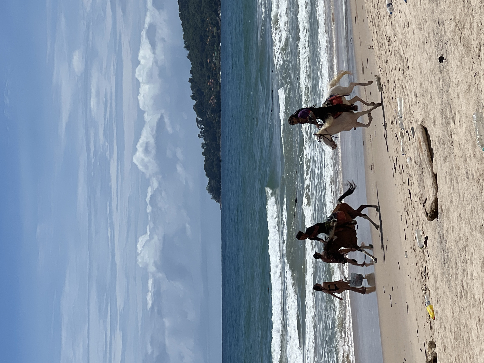 Two people are riding horses on a sandy beach near the ocean. The person on the left is riding a brown horse, and the person on the right is riding a white horse. Both riders are wearing dark clothing. There are two other people walking on the beach in the background, one of whom is carrying a white bucket. The ocean has moderate waves, and the sky is partly cloudy. A tree-covered hillside can be seen in the distance. The beach is littered with several pieces of trash, including plastic bottles and a yellow object.