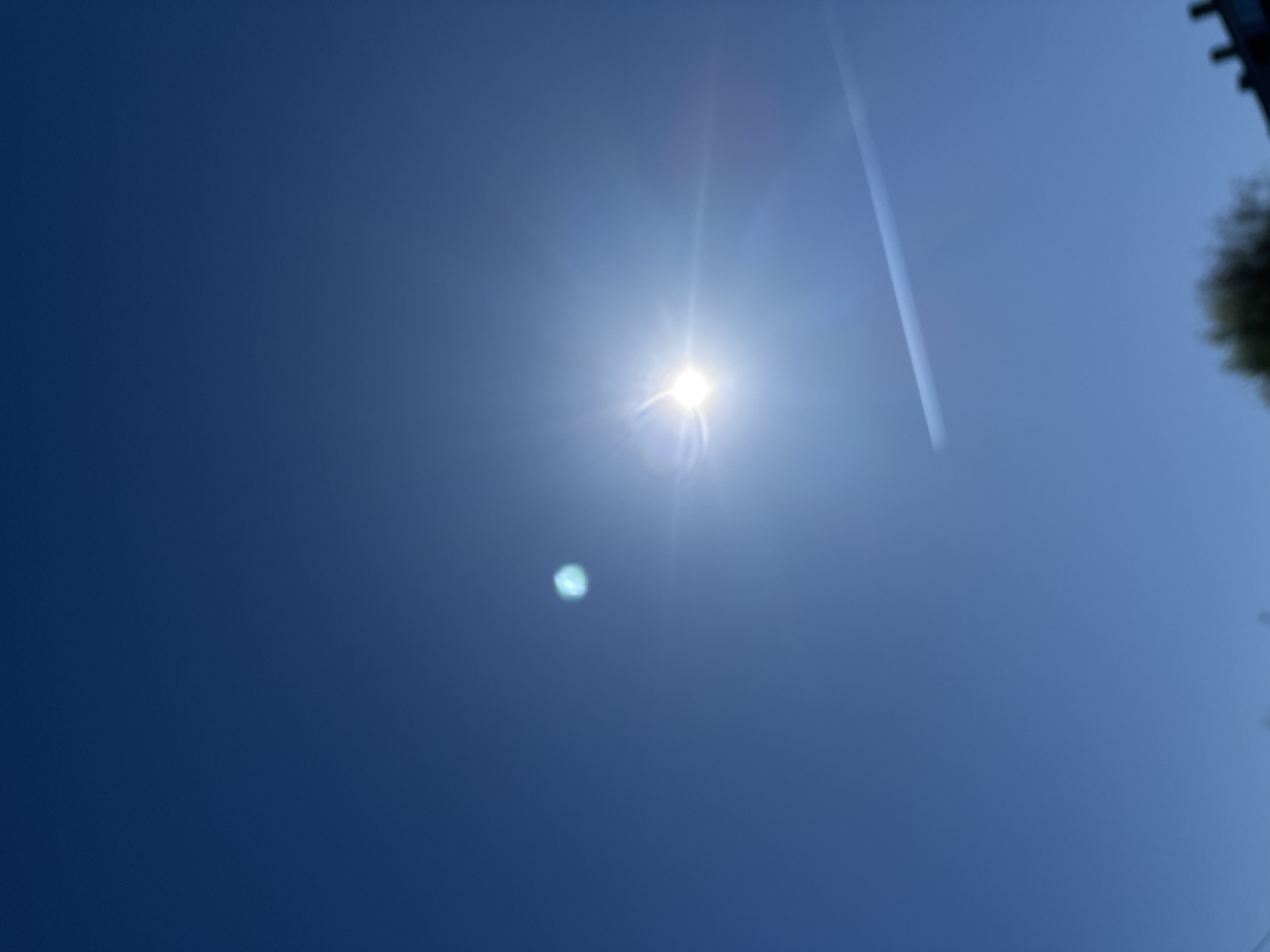 The image shows a bright sun in a deep blue sky, possibly taken in Domont, France. A contrail from a high-flying aircraft is visible as a white streak across the upper right portion of the sky. There's also a smaller, dimmer light reflection or lens flare below and left of the main sun. Vegetation and utility poles are visible in the top right corner.