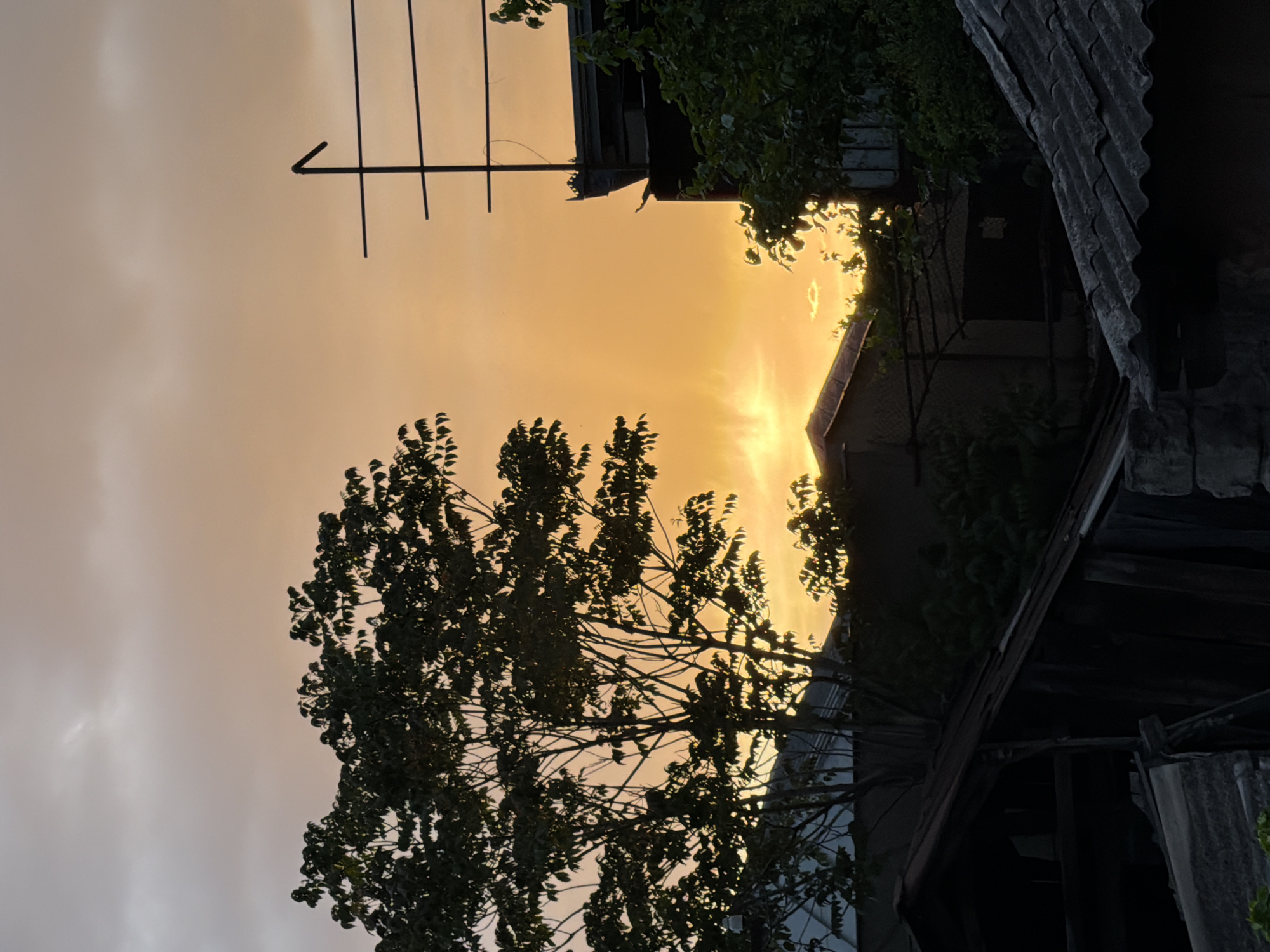 The image depicts a sunset in what appears to be a somewhat rundown area. Silhouetted against the orange and yellow sky are trees and parts of derelict buildings with corrugated iron roofs. An old antenna is visible against the bright sky. Without additional context, conclusively identifying the location as Tbilisi, Georgia is not possible.