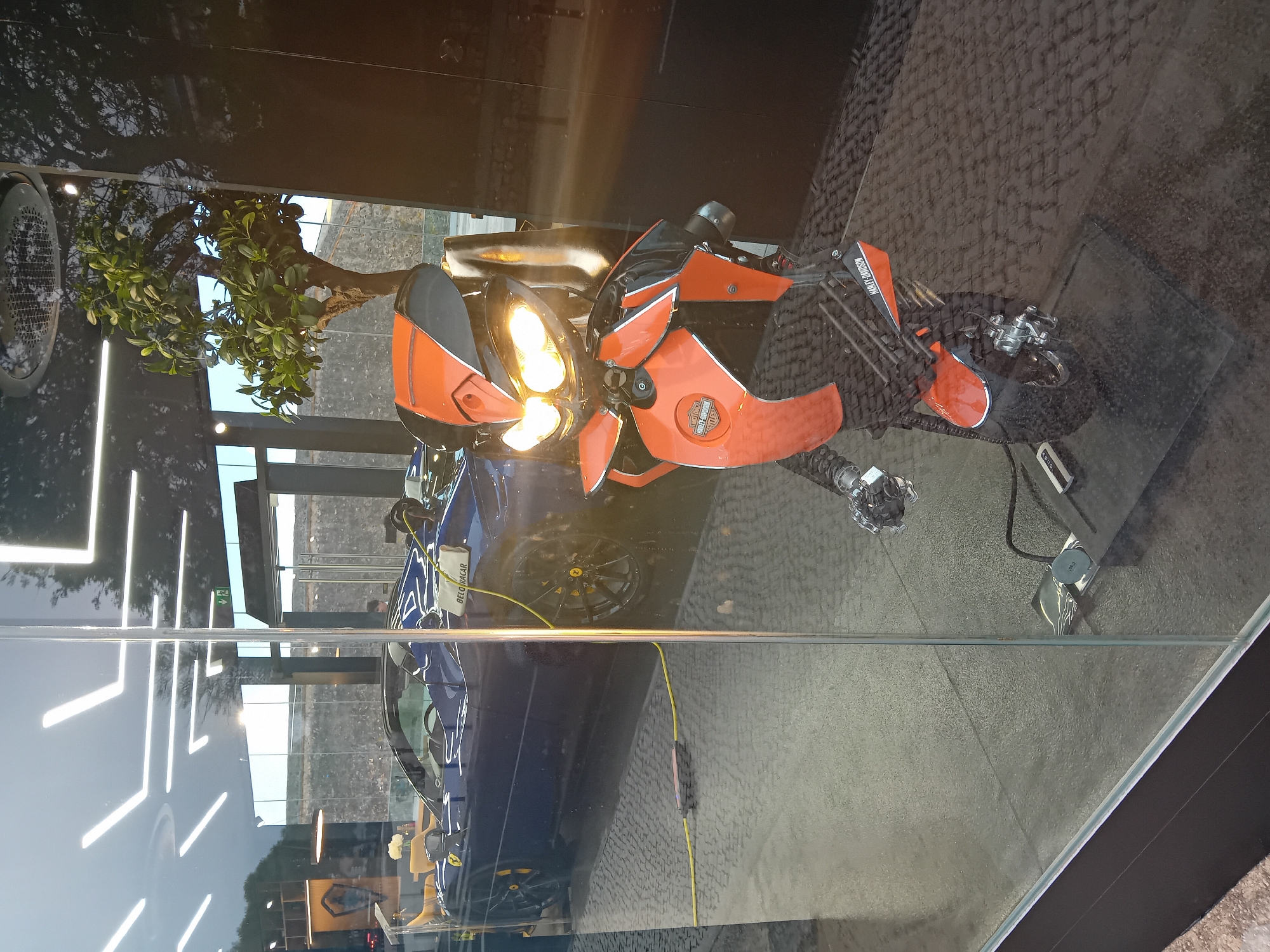 The image shows a Harley Davidson motorcycle on display behind a glass window. The motorcycle is orange and black, with its headlights illuminated. A blue car is visible in the reflection on the window, and a tree and building facade are also reflected. The location is likely in Cascais, Portugal, based on the make of the blue car. The background appears to be a modern retail or showroom space.