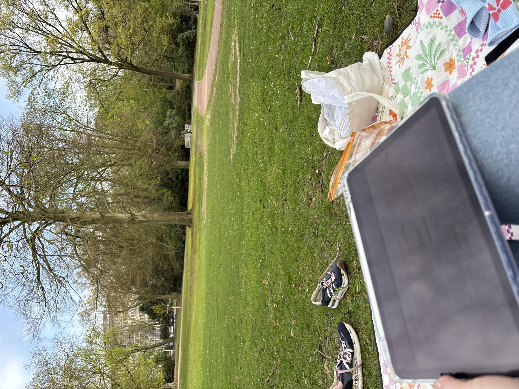 The image shows a scene in a park setting. The ground is covered with green grass. In the foreground, there's a partially visible tablet, a patterned blanket, a white tote bag with some items inside, and a pair of sneakers. The background features a row of trees with some bare branches, possibly indicating early spring or late fall. There's a walking path visible beyond the grass, and in the distance, a building can be seen. The location appears to be a park in an urban area.