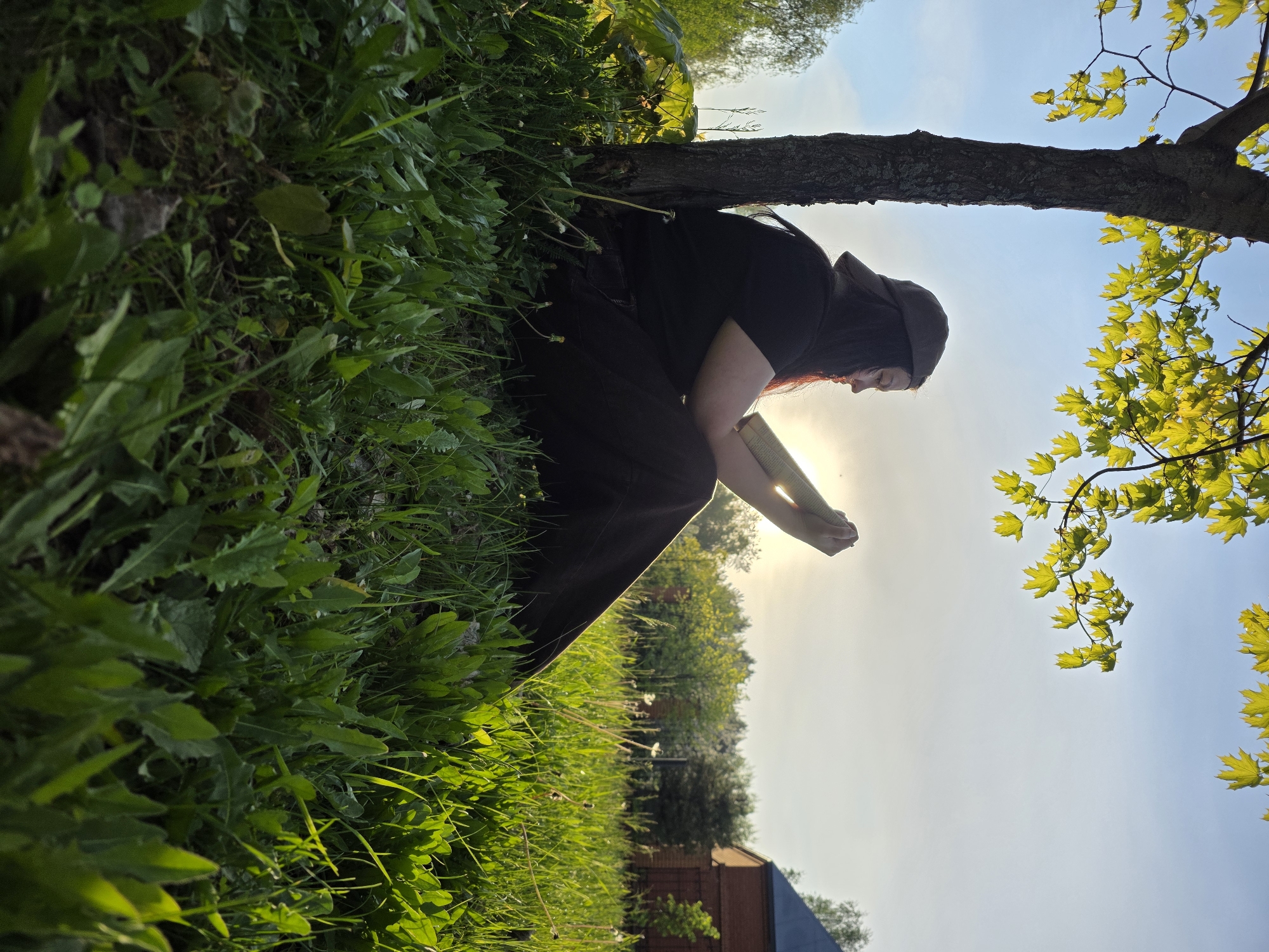 A person is sitting beneath a tree, possibly reading or holding something in their hands. The scene is filled with lush green grass and foliage, suggesting a natural environment. The tree's leaves are vibrant, contrasting with the clear sky visible in the background. There are also glimpses of a building or structure in the distance. The person is wearing dark clothing and appears to be in a contemplative or relaxed state. I have no information to make a statement about the location in the city of Chaikovsky, Russia.
