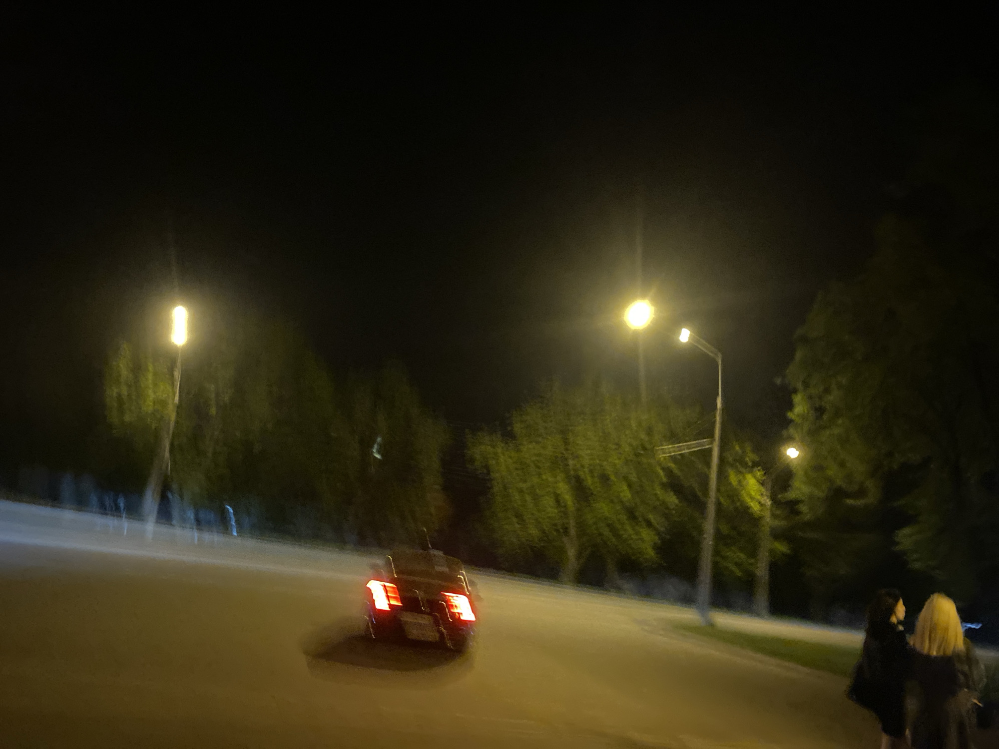 At night in Poltava, Ukraine, two individuals stand beside a roadway illuminated by streetlights, with a car visible on the road. Vegetation is present in the background.