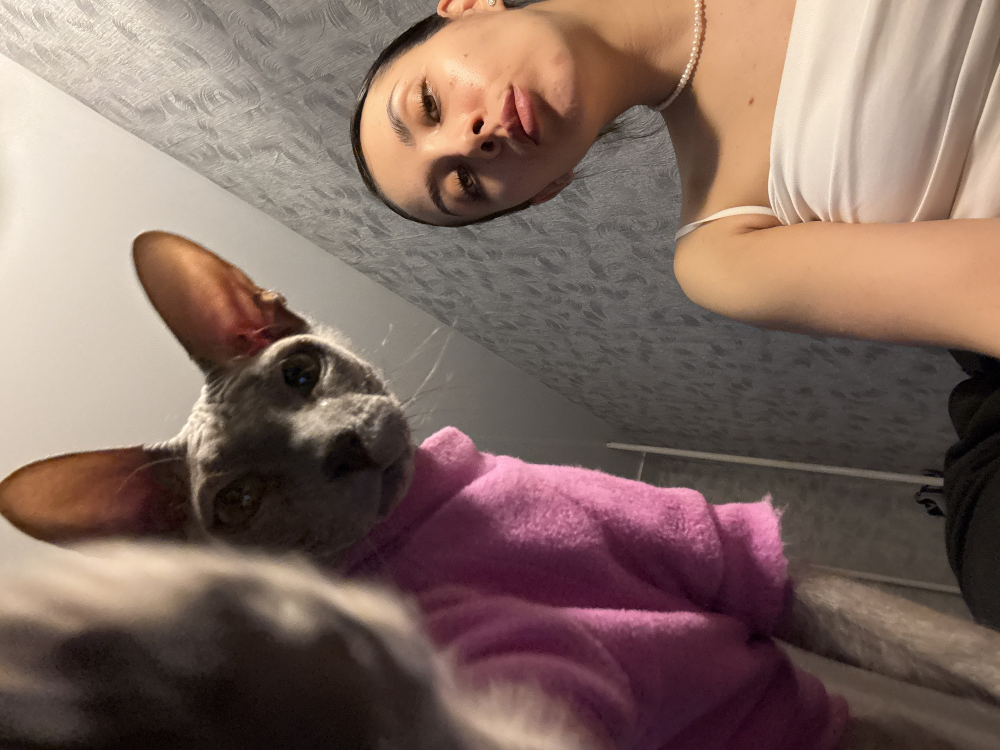 A woman is taking a selfie with a gray Sphynx cat wearing a pink sweater. The woman has dark hair pulled back, brown eyes, and is wearing a white top and a pearl necklace. The background includes a textured ceiling. The location cannot be determined from the image, but it's presumably indoors. The woman is holding the camera above and at an angle to capture both her face and the cat in the frame.
