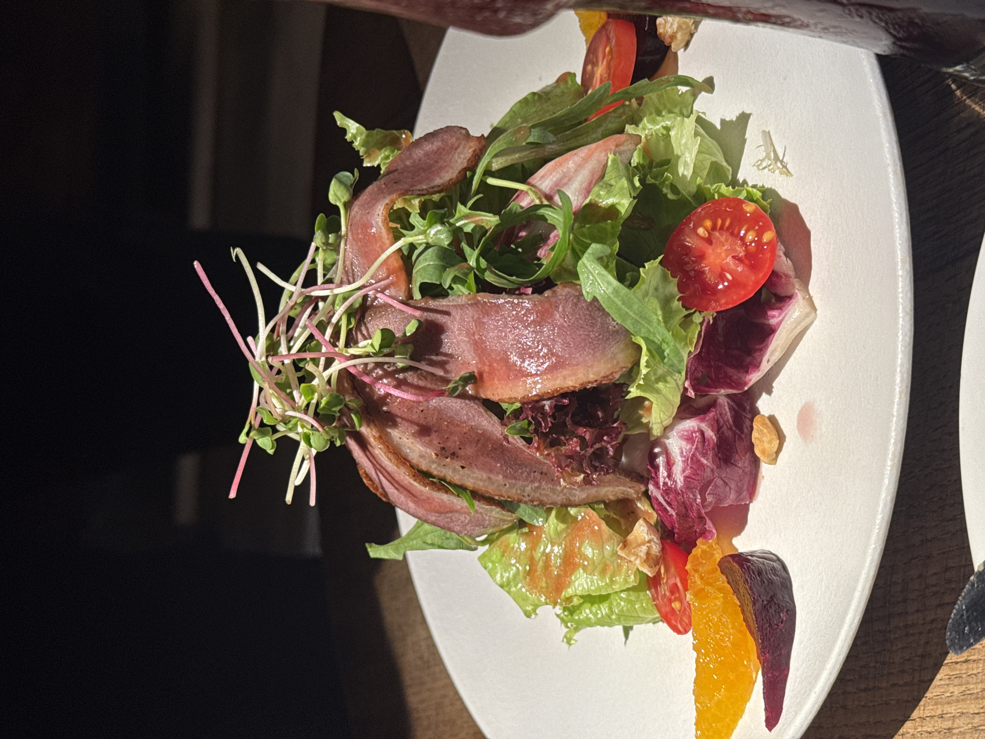 This media file shows a close-up, overhead shot of a gourmet salad on a white plate. The salad is artfully arranged with slices of dark, roasted meat, likely duck or beef, layered over a bed of mixed greens. Microgreens with pink stems are scattered throughout, adding a fresh, delicate touch. Bright red cherry tomatoes, halved, and wedges of orange are interspersed with the greens and meat. Some darker, leafy greens, possibly radicchio, add a vibrant purple hue to the composition. The salad appears to be dressed, with hints of a light vinaigrette visible on some of the lettuce leaves. The white plate itself has a subtle texture and is set on a wooden surface, suggesting a restaurant setting. The lighting indicates it's daytime, with sunlight casting shadows and highlighting the textures of the food. The overall impression is one of a refined and appetizing dish. The background is dark and out of focus, further drawing attention to the salad. Given the provided context, this dish is likely from a restaurant in Hanoi, Vietnam. There is no visible text in the media file.
