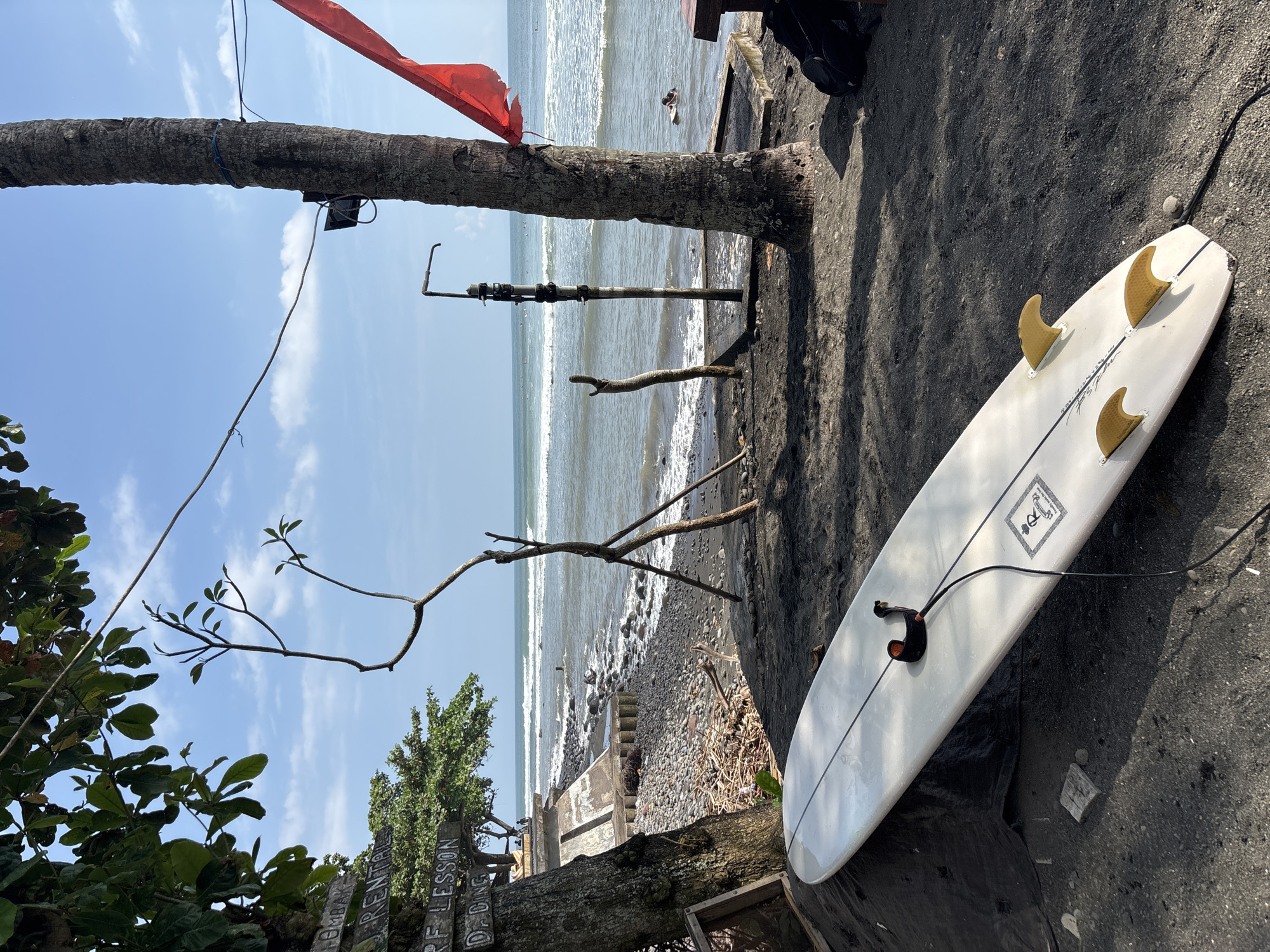 This vibrant image portrays a sunny beach scene in Pekutatan, Indonesia, characterized by its dark, likely volcanic, sand. In the foreground, a white surfboard with three distinctive yellow fins lies on the black sand, its black leash trailing behind it. The surfboard features a graphic logo, possibly an "R" or "B" within a square design, near its nose, and some faint handwritten-style text.
A prominent coconut palm tree trunk stretches diagonally across the frame, with a small solar panel or outdoor light device attached beneath it. A red flag is partially visible, fluttering from above the palm. Beyond the tree, the ocean unfolds under a clear blue sky dotted with scattered white clouds. Waves are seen breaking gently onto a rocky shoreline that transitions into the dark sandy beach.
One individual is visible in the distant ocean, either paddling or on a surfboard, hinting at ongoing surfing activity. Various pieces of driftwood and smaller branches are scattered along the shore. On the far left, lush green foliage from tropical trees and bushes frames the scene. Partially obscured wooden signs in the lower left background clearly display text, including "RENTAL" and "SURF LESSON," confirming the location as a surf-oriented spot. The bright daylight and clear conditions suggest an inviting environment for water sports.