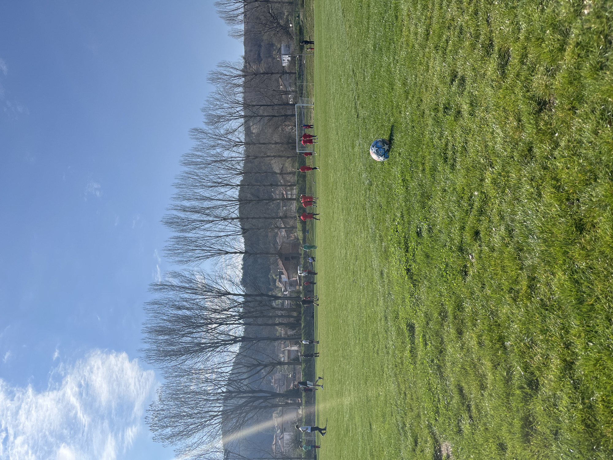 The image depicts a soccer field in Unknown, Unknown, on a sunny day. A soccer ball sits on the green grass in the foreground. In the background, a line of people wearing red uniforms stand in front of a soccer goal. Behind them, a row of bare trees lines the edge of the field, with a hill and some buildings visible further back. The sky is blue with a few clouds.