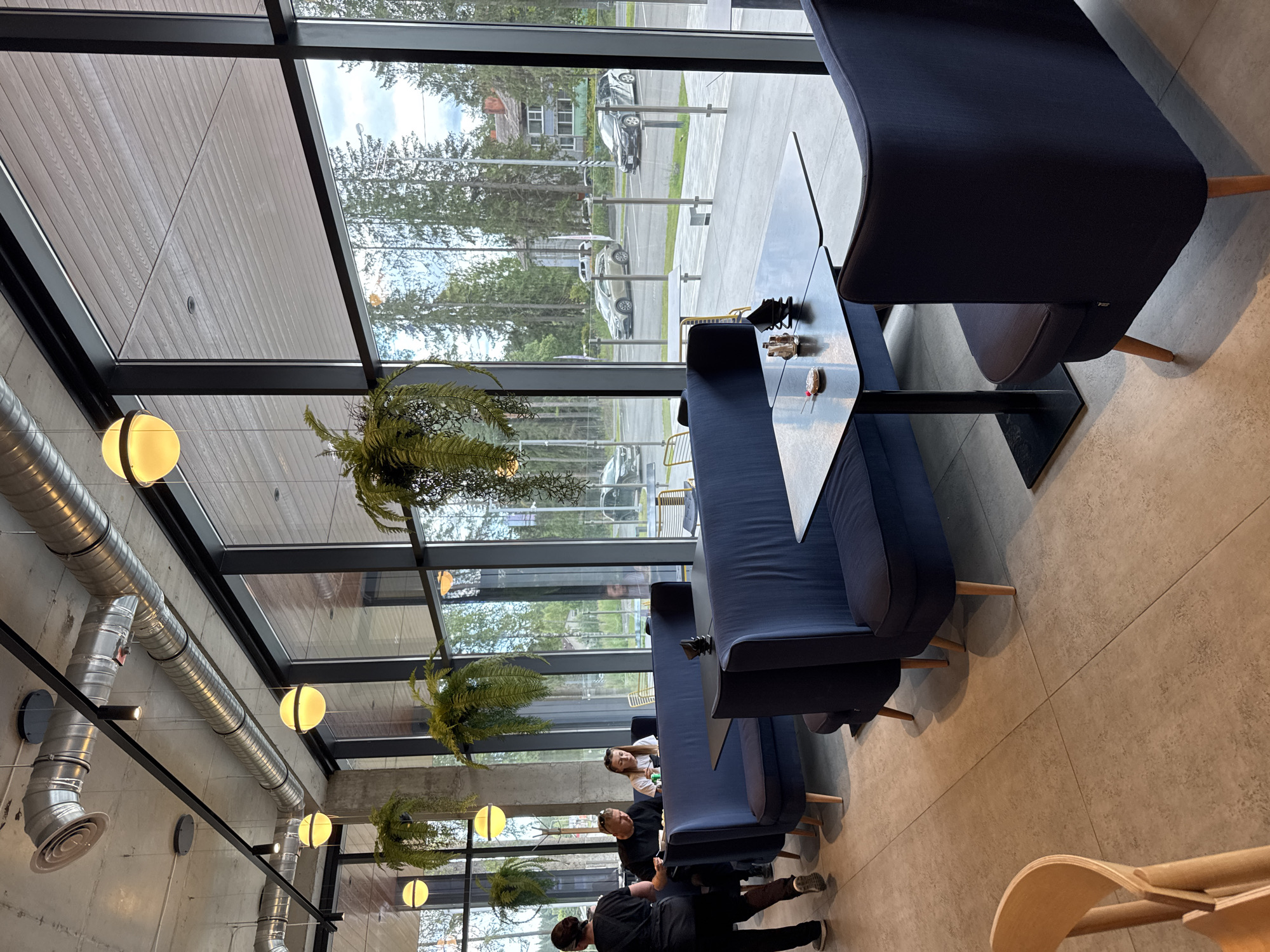 The image shows the interior of a modern cafe in Lakhdenpokhya, Russia, with large windows overlooking an outdoor area with trees and parked cars. Inside, dark blue upholstered booths and chairs are arranged around black tables. Hanging pendant lights with yellow-glowing globes and green artificial hanging plants add to the decor. In the background, two people are seated at a booth, and a server in a black uniform is walking past. The floor is tiled with large, light brown tiles, and the ceiling features exposed ductwork and lighting fixtures.